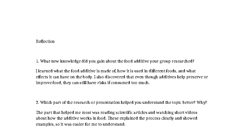 Reflection on Food Additive Research: Insights & Teamwork - Studocu