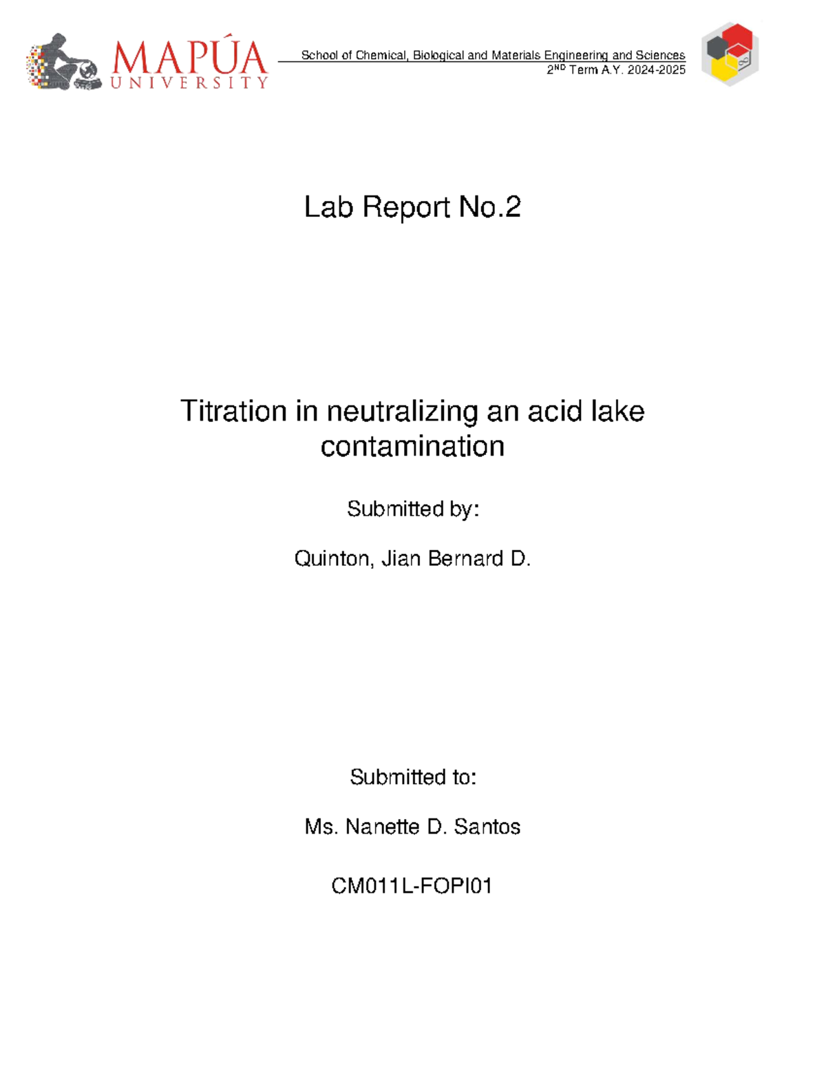 Lab Report No.2: Titration for Acid Lake Neutralization (CBME 2ND Term ...