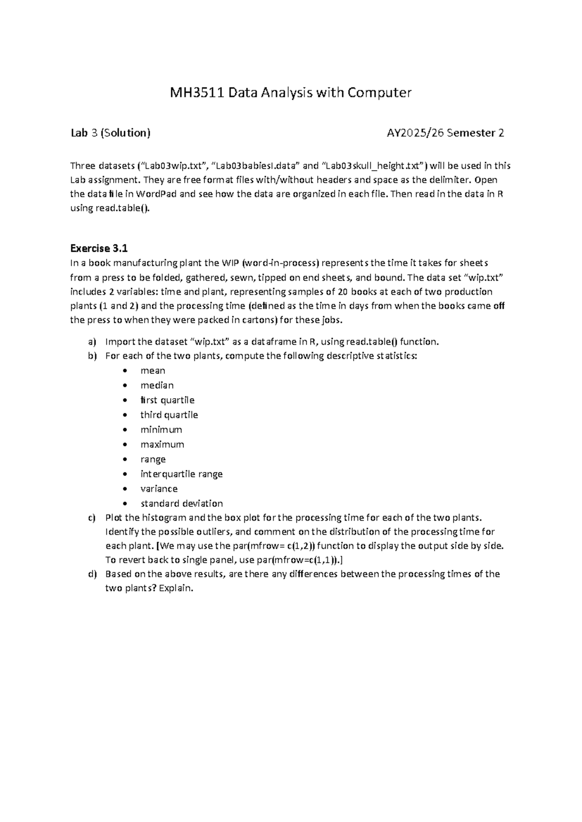 MH3511 Data Analysis Lab 3 Solutions and Exercises - Studocu