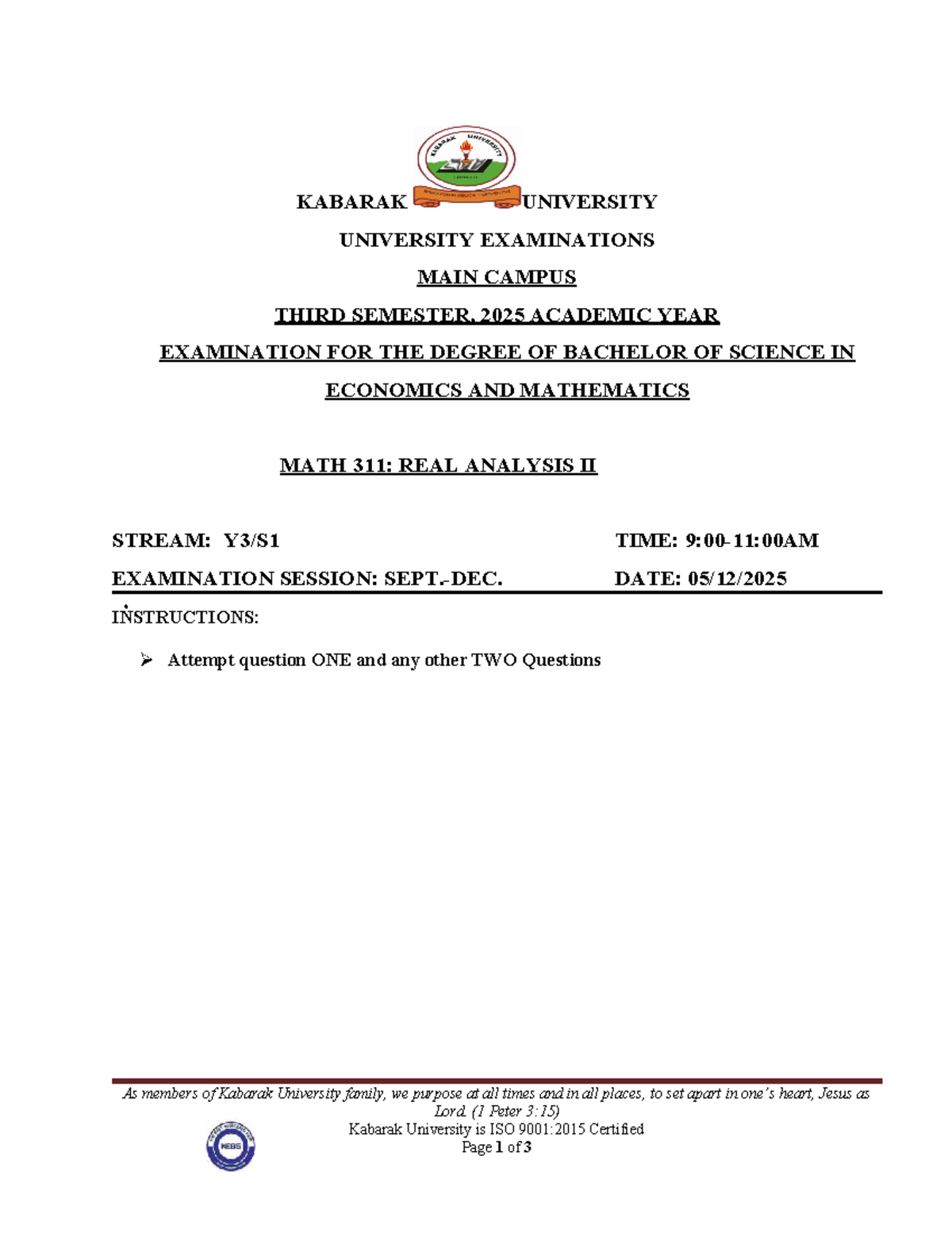 MATH 311: Real Analysis II Exam - Kabarak University 2025 - Studocu