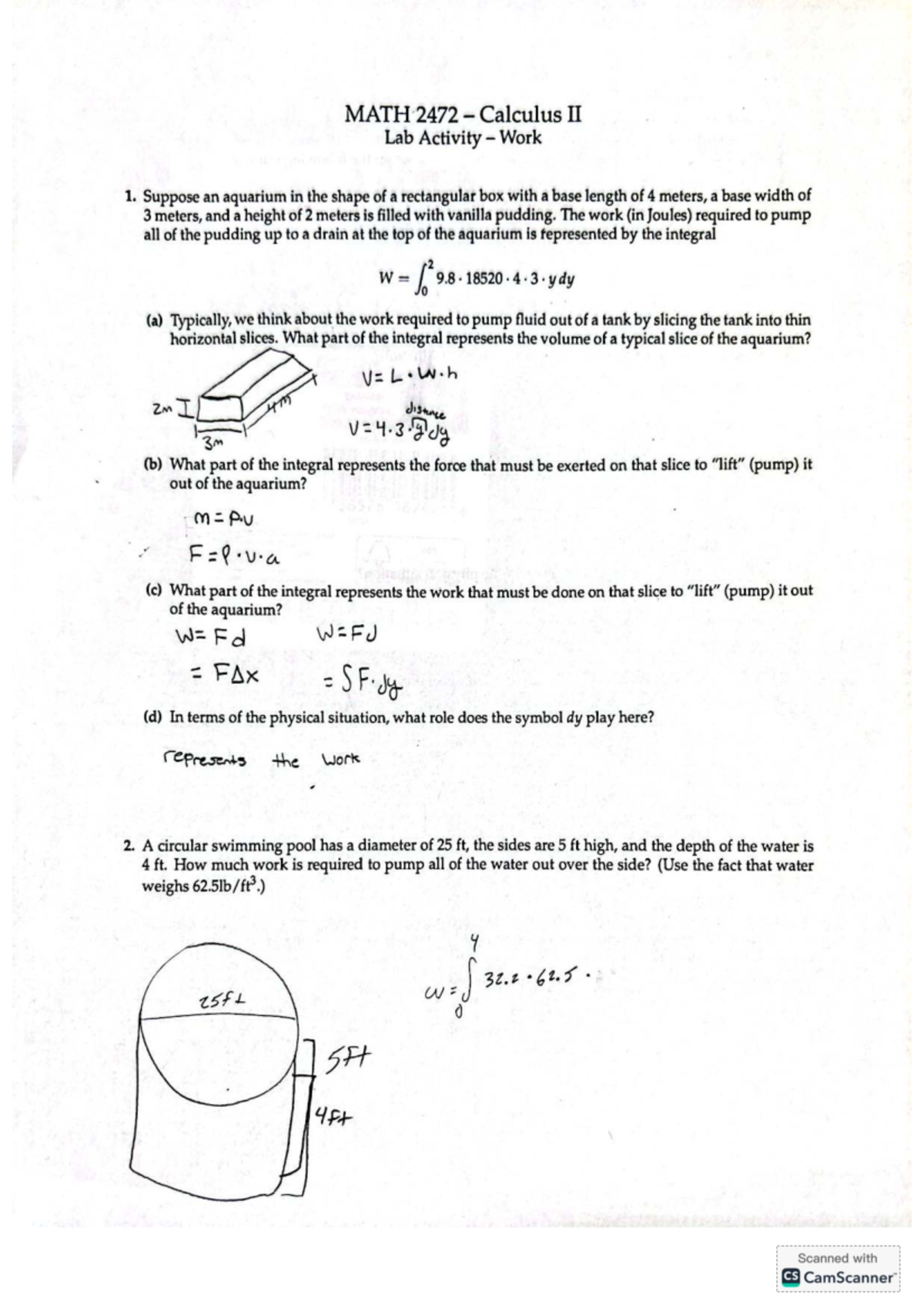 MATH 2472 Calculus II Lab Activity Work 1: Pumping Fluids - Studocu