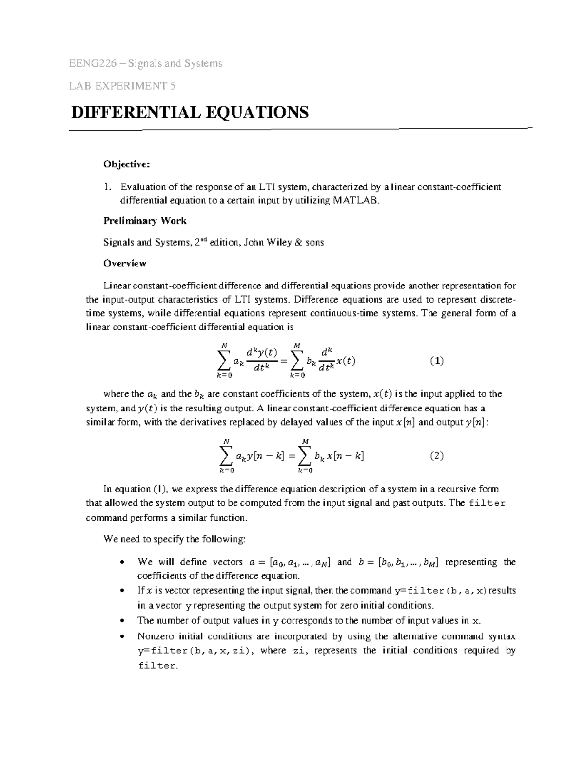 EENG226 - Lab Experiment 5: LTI System Response Analysis - Studocu
