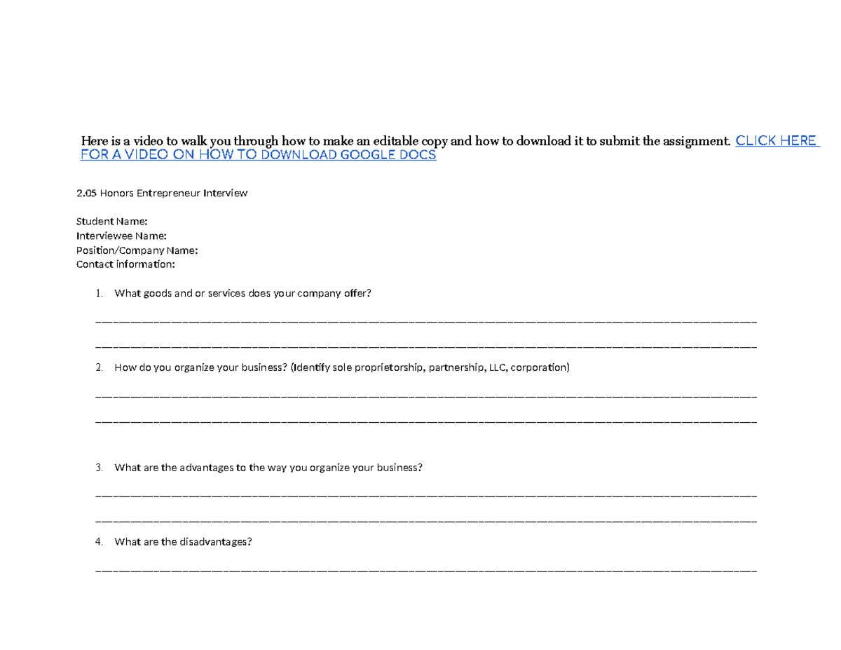 2.05 Honors Assignment: Entrepreneur Interview Questions Guide - Studocu