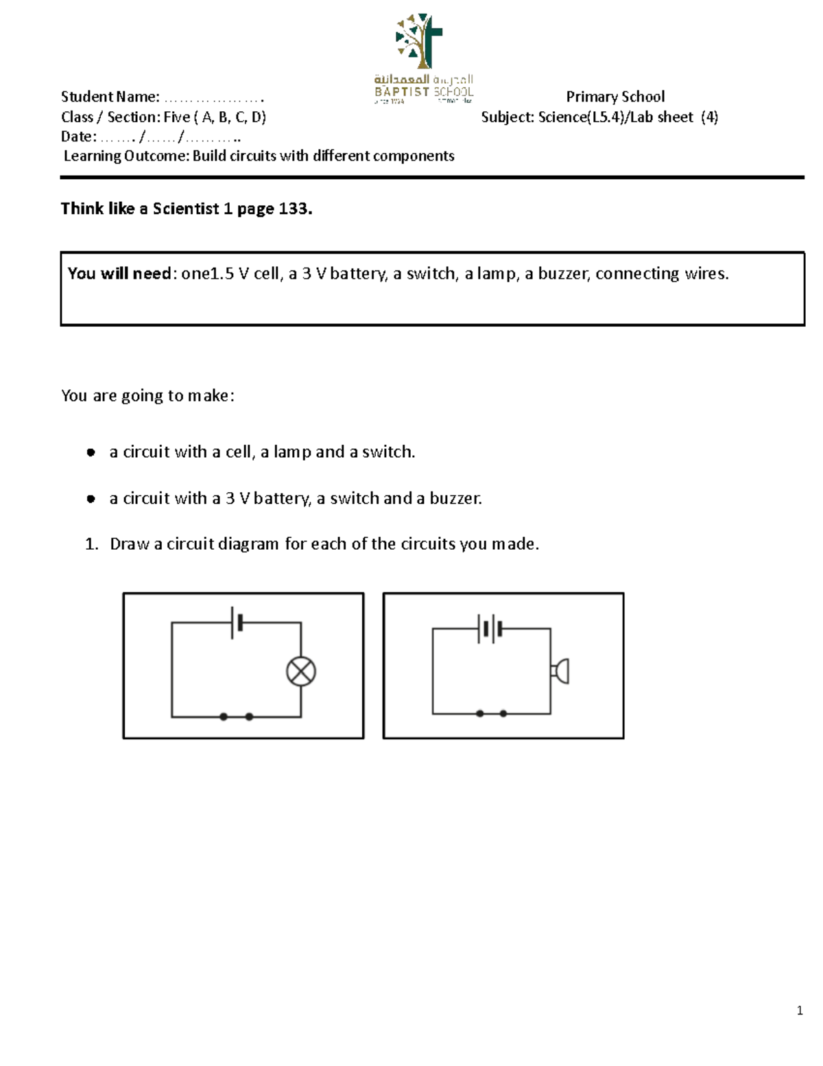 Grade 5 Science Lab Sheet: Circuits & Chemical Reactions - Studocu