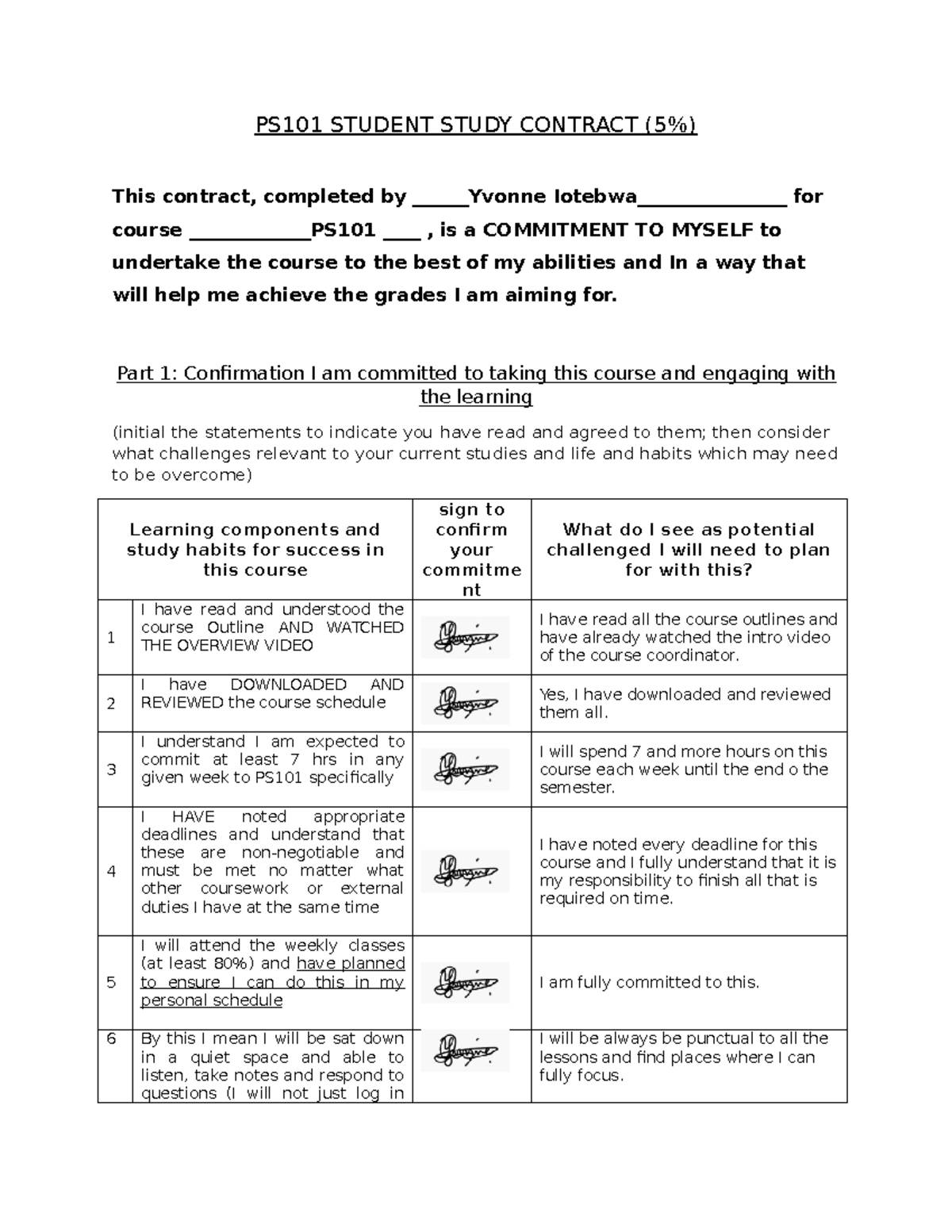 PS101 Study Contract: Commitment to Academic Success - Studocu
