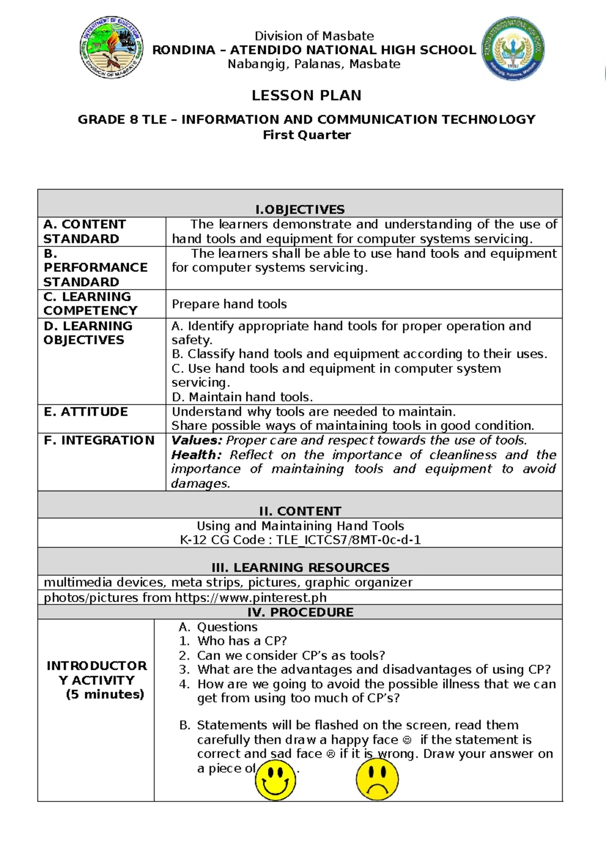 TLE 8 Lesson Plan: Understanding Computer Parts & Risk Assessment - Studocu