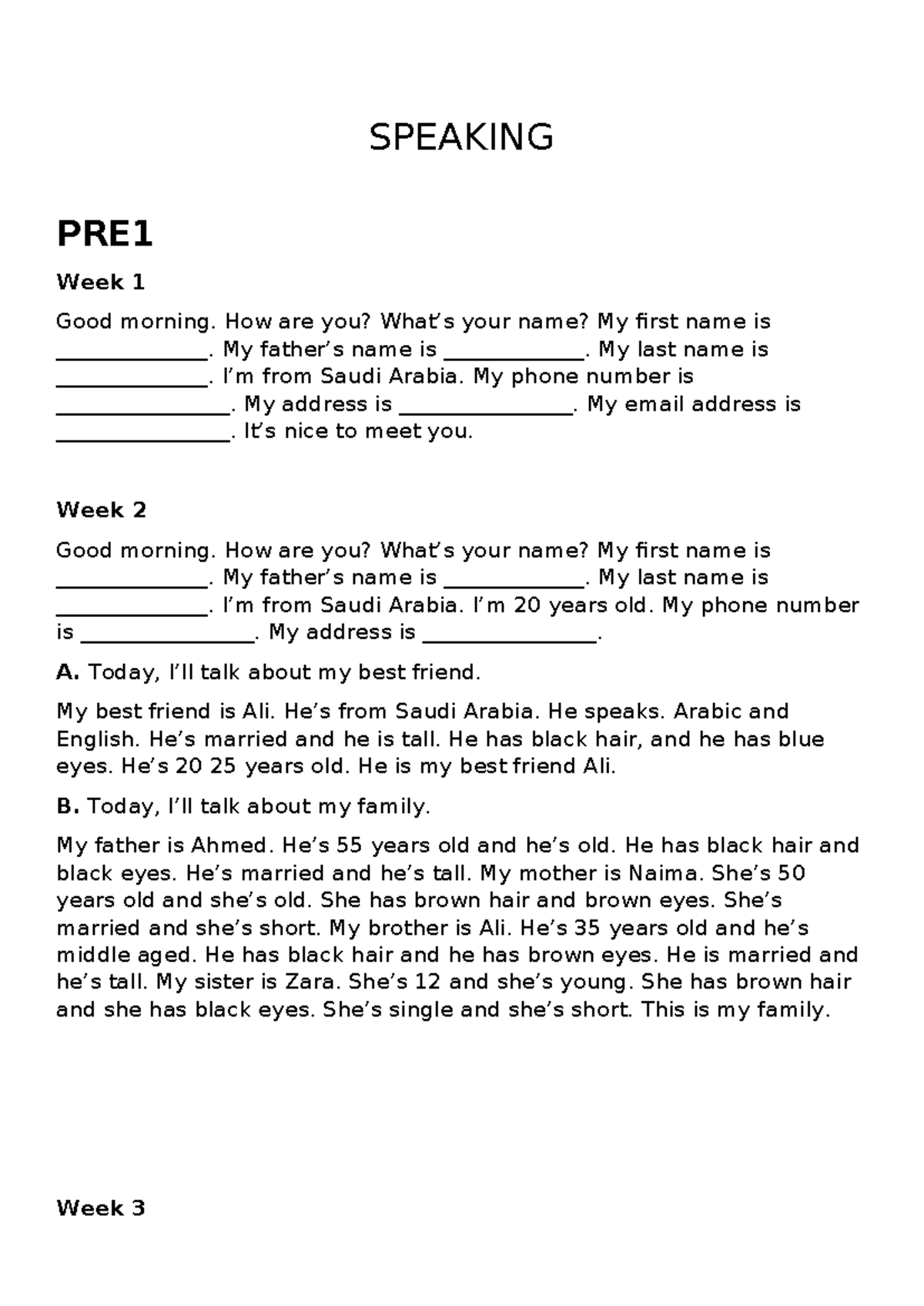 Speaking Exams (PRE 1 & PRE 2) - Weekly Conversations and Descriptions ...