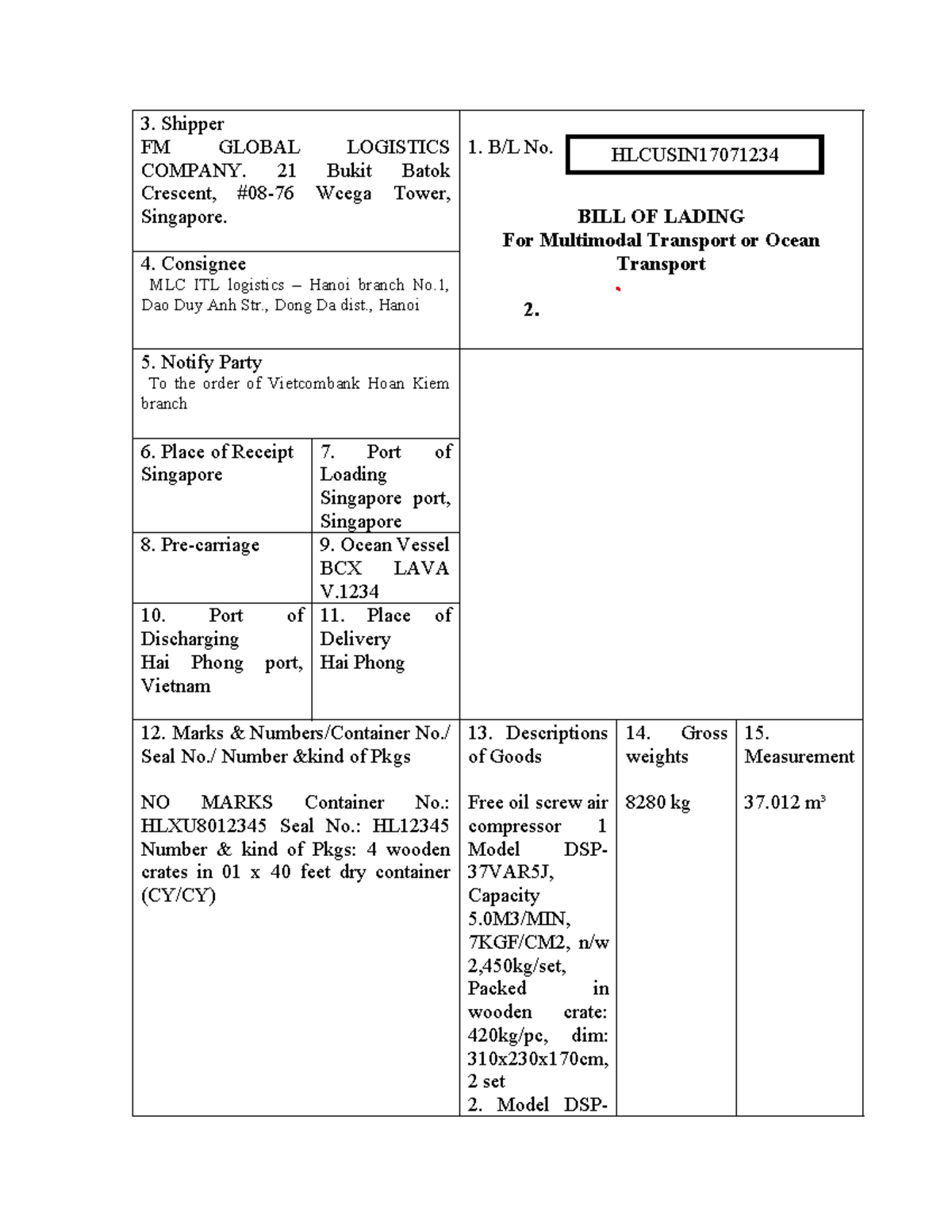 MBL (1st Shipment) - Shipper & Consignee Details for Logistics - Studocu