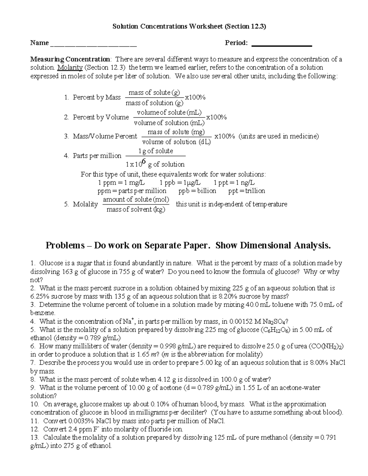 Solution Concentrations Practice Worksheet (Section 12.3) - Studocu