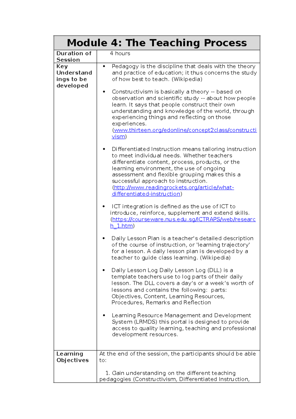 Module 4: The Teaching Process Session Guide on Pedagogies and ...