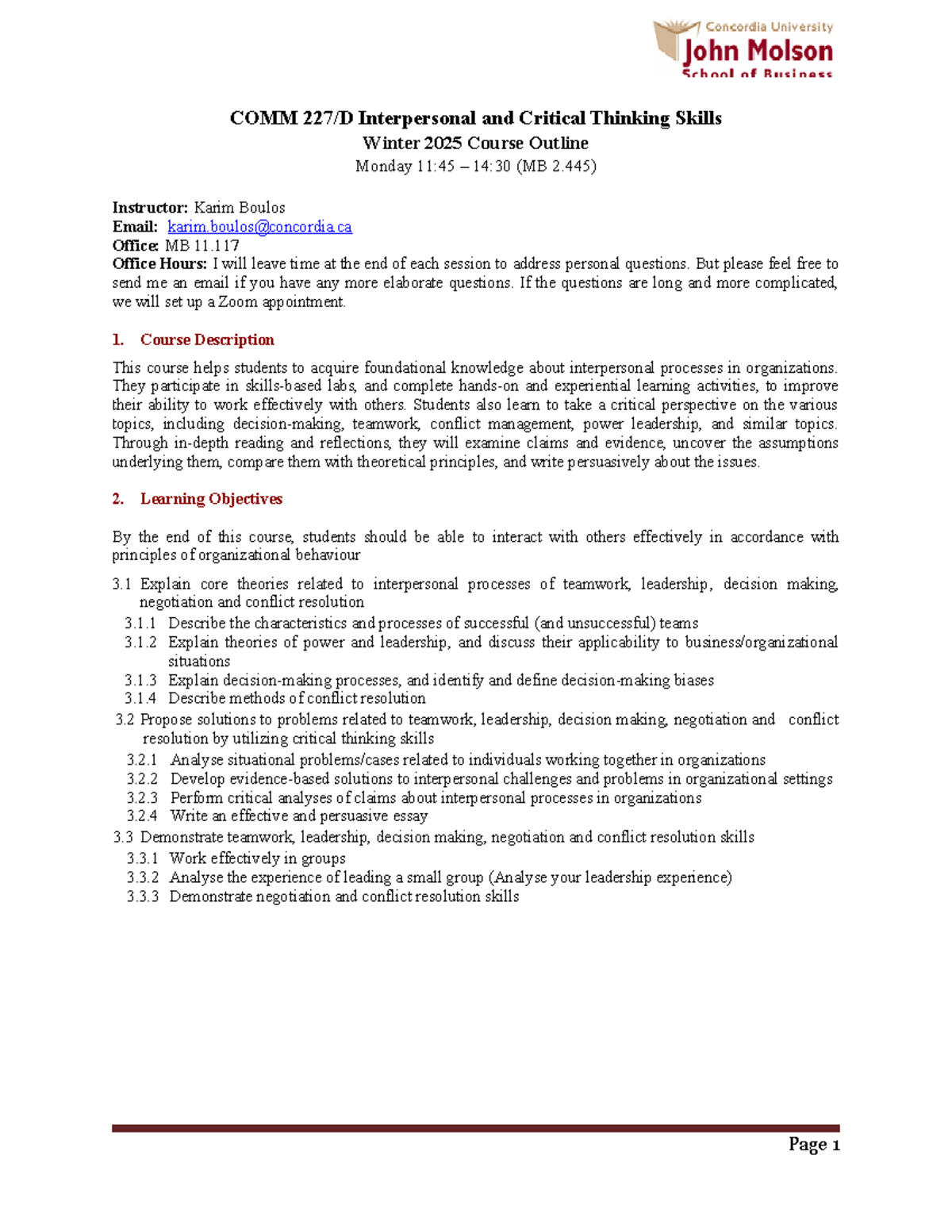 COMM 227 Course outline W2025 sec D - COMM 227/D Interpersonal and ...