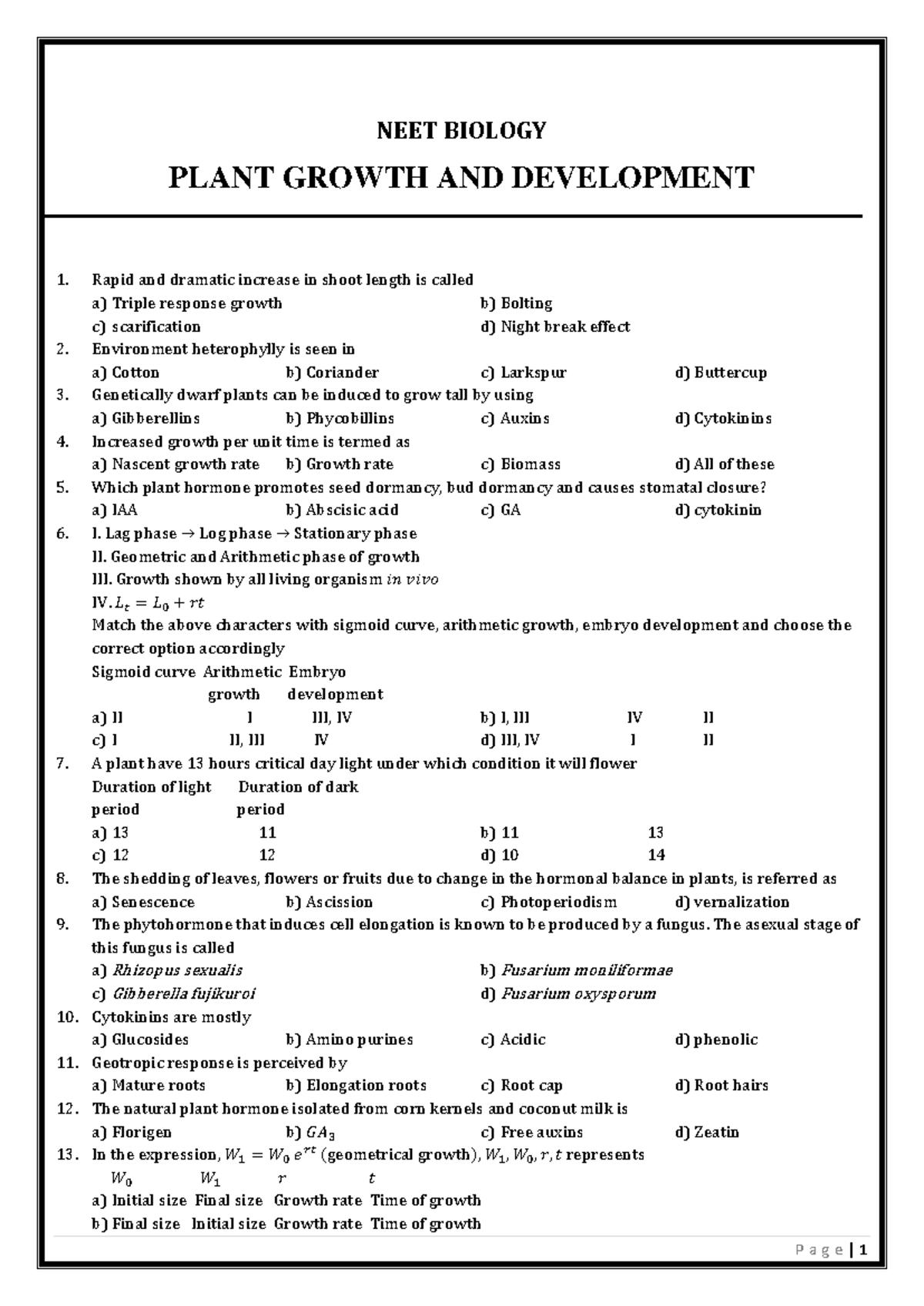 NEET BIOLOGY: Plant Growth and Development Study Notes 2023 - Studocu