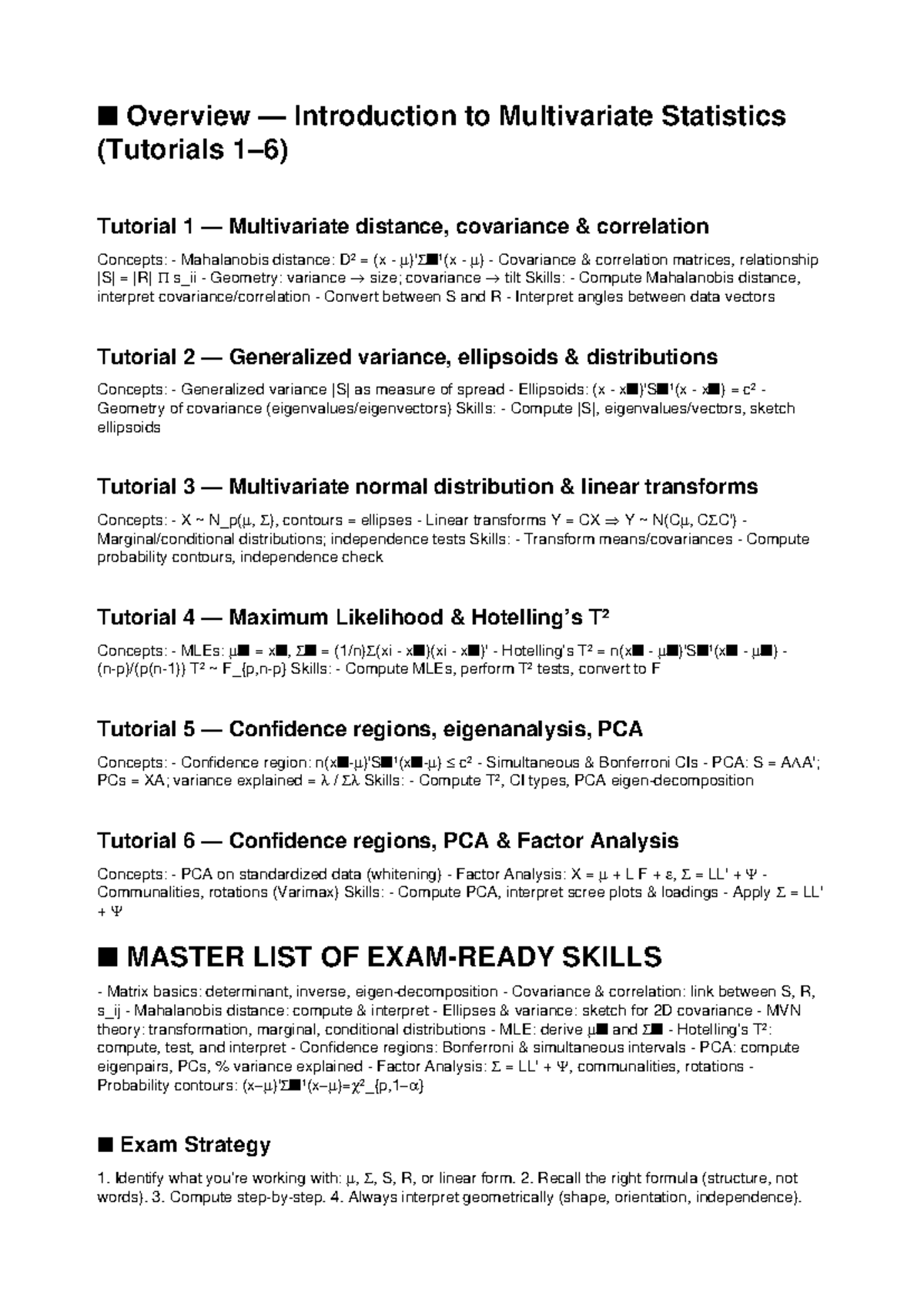 Multivariate Statistics (STAT 101) Exam Overview and Key Concepts ...