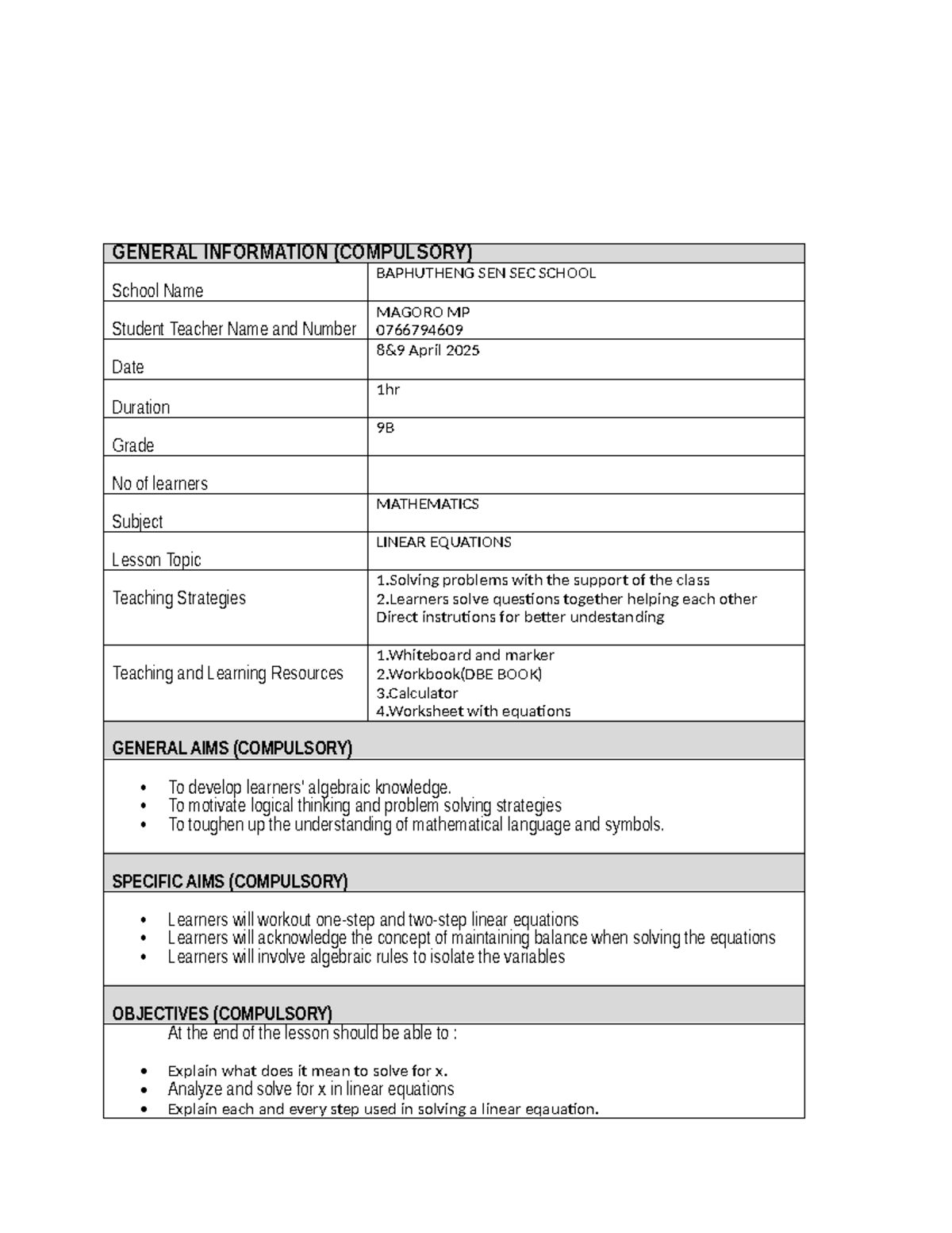 Grade 9 Mathematics Lesson Plan: Solving Linear Equations - Studocu