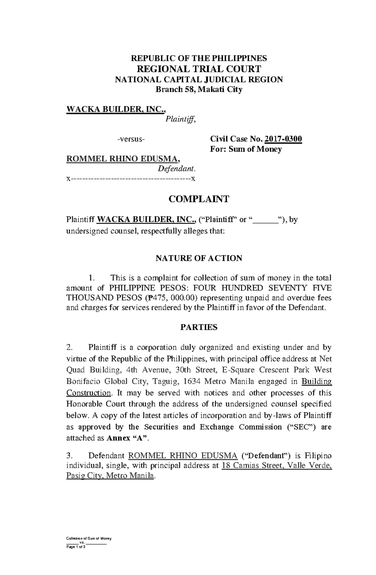 Civil Case No. 2017-0300: Complaint for Collection of Money - Studocu