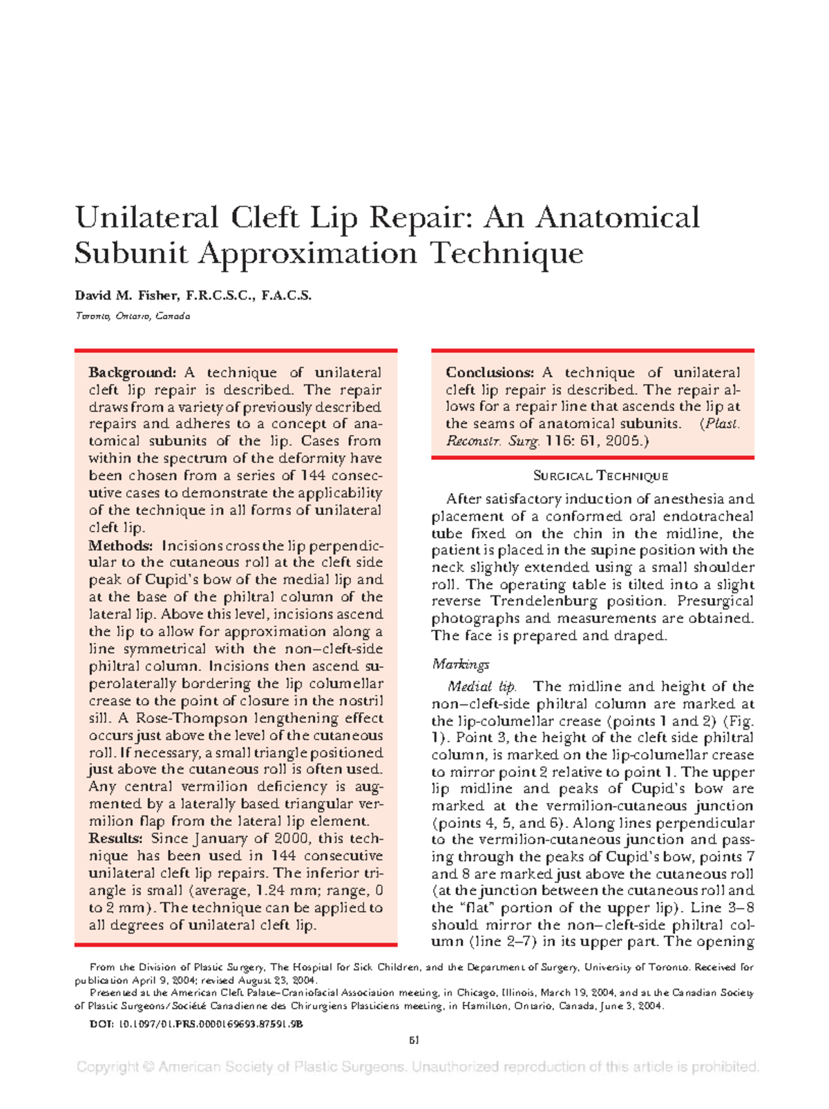 Unilateral Cleft Lip Repair Technique: Anatomical Subunit Approach (PRS ...