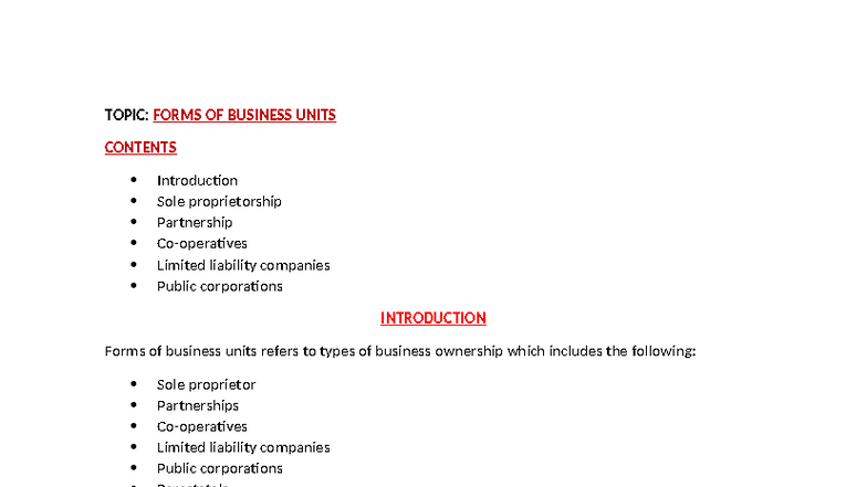 BST F 2: Forms of Business Units - Comprehensive Study Notes - Studocu