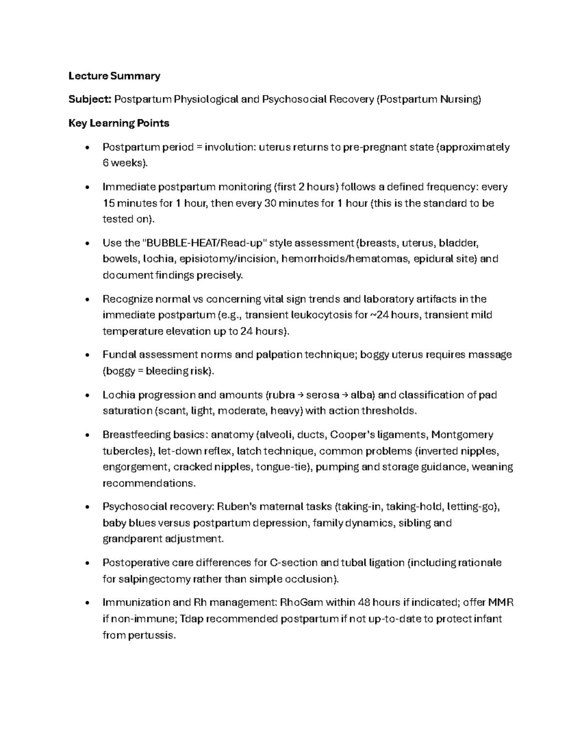 Postpartum Nursing Lecture Summary: Key Points on Recovery and Care ...