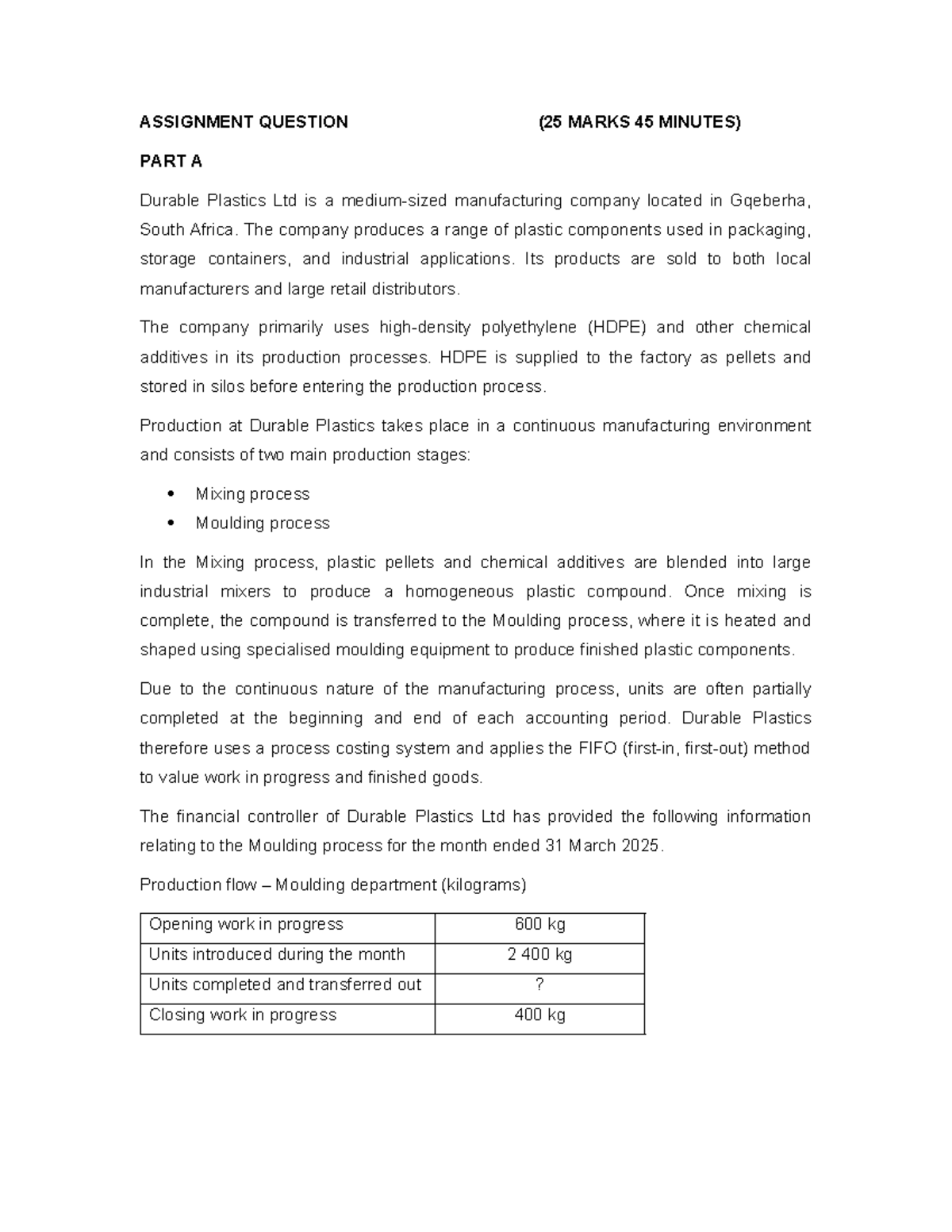 Process Costing Part 2 Assignment Question (2026) - Durable Plastics ...