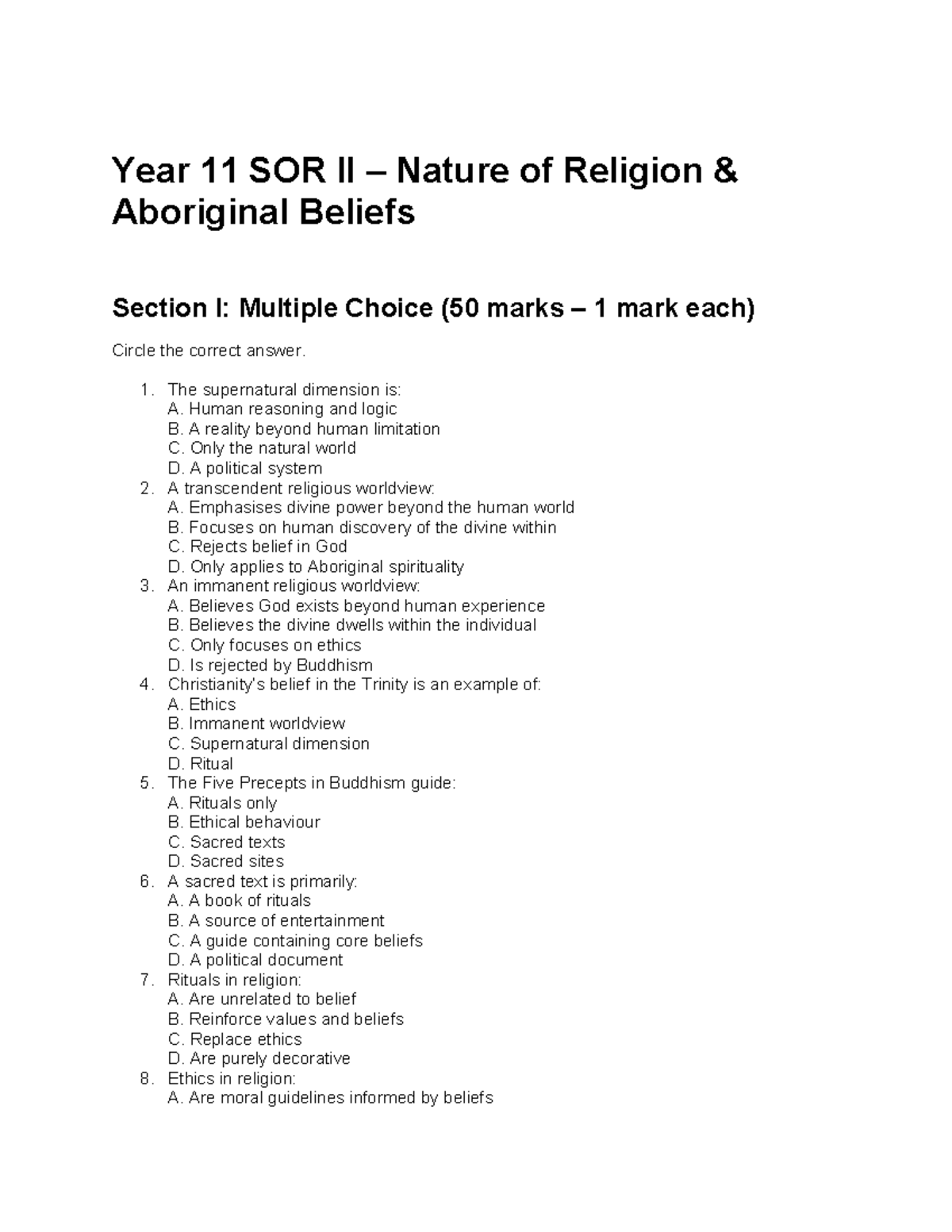 Year 11 SOR II Final Exam: Nature of Religion & Aboriginal Beliefs ...
