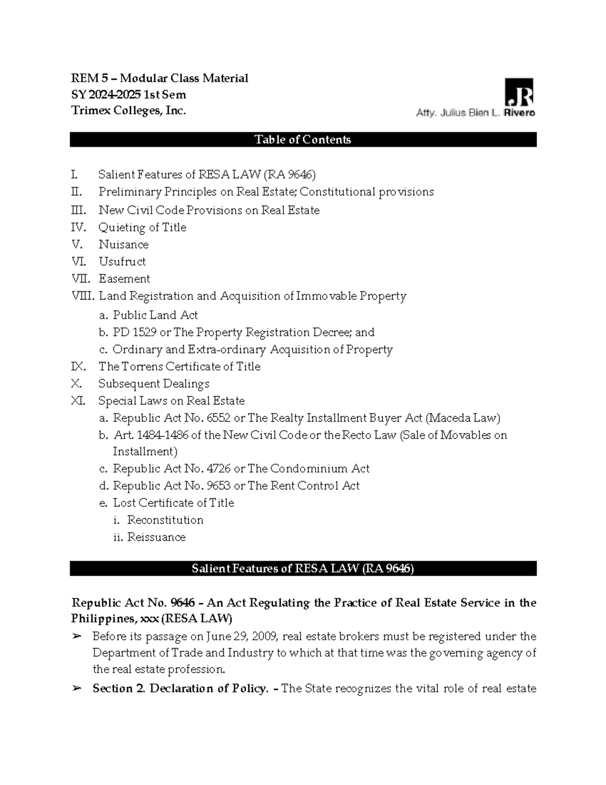 Legal Aspects of Real Estate - REM 5 Review Material Compendium - Studocu