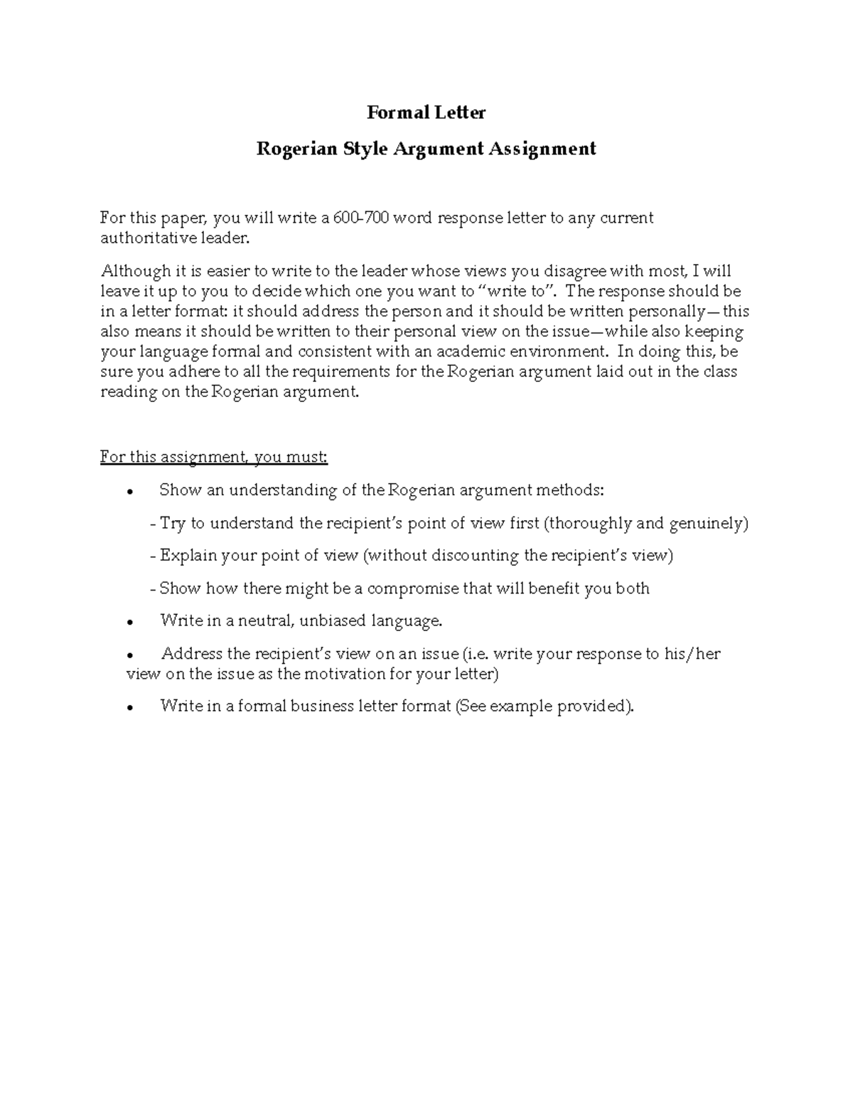 Rogerian Assignment Details - Formal Letter Rogerian Style Argument ...