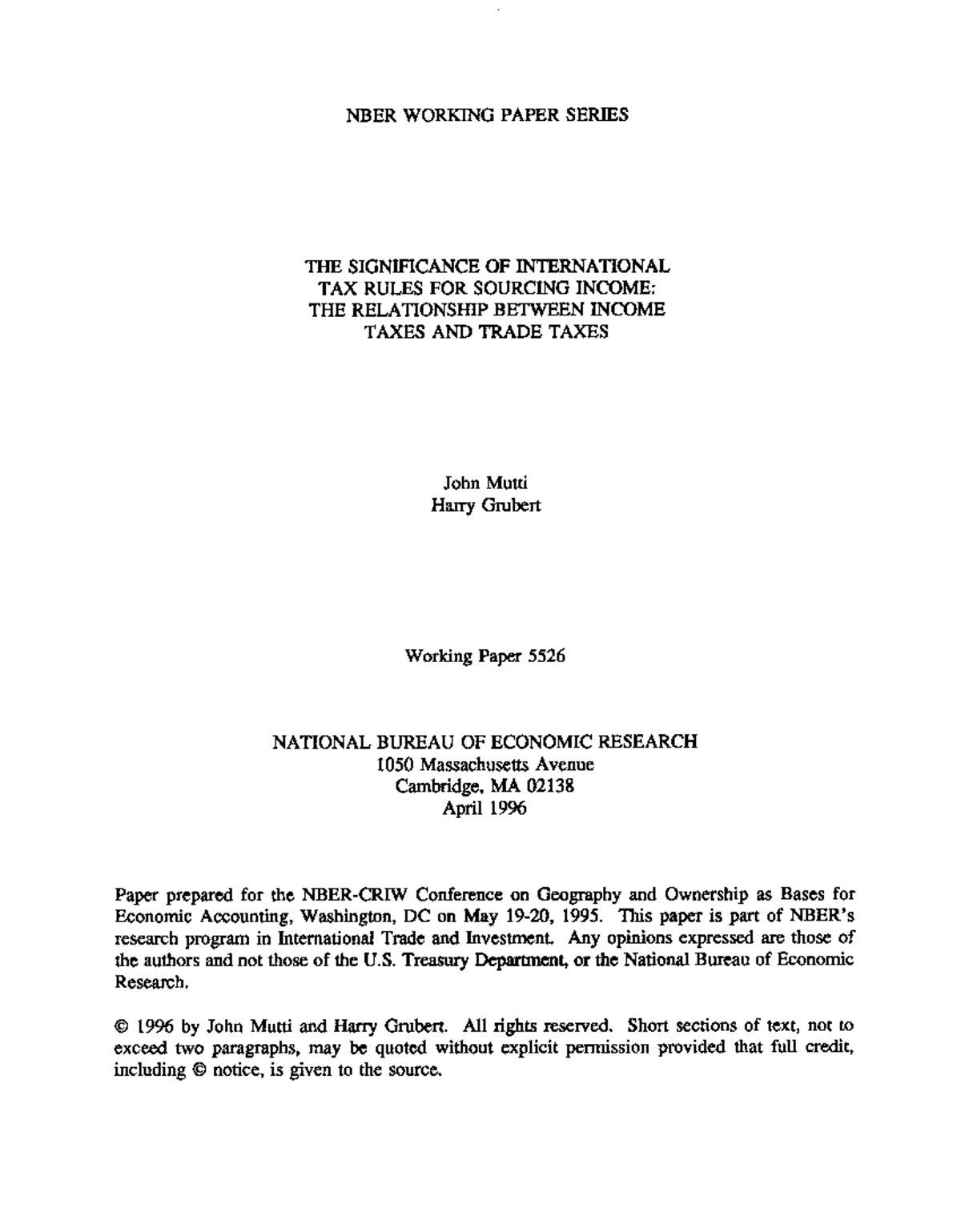 NBER Working Paper 5526: International Tax Rules and Income Sourcing ...