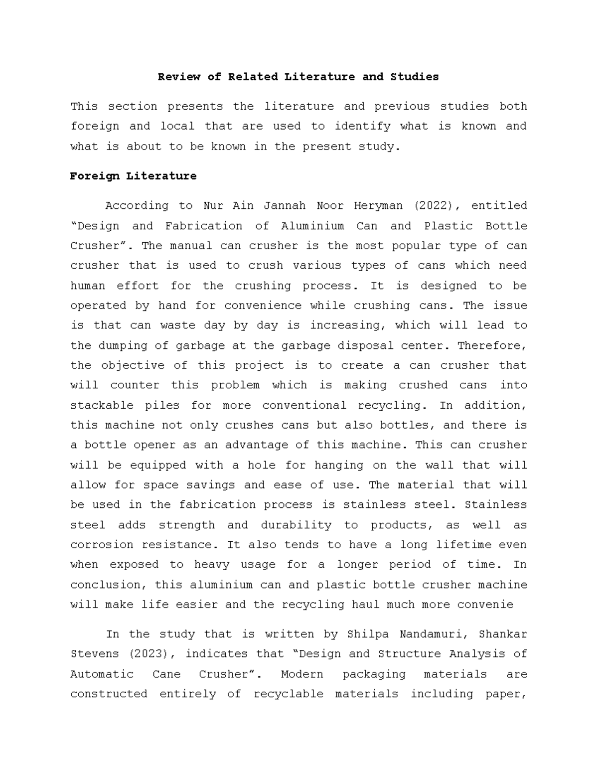 RRL for Can and Plastic Crusher Designs: Literature Review - Studocu