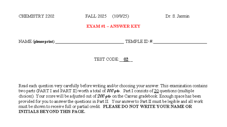 CHEMISTRY 2202 FALL 2025 Dr. S. Jasmin EXAM 1 ANSWER KEY - Studocu