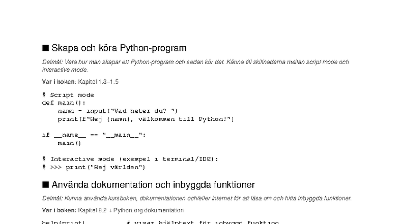 Python Kurs Cheatsheet: Delmål och Kapitelöversikt - Studocu