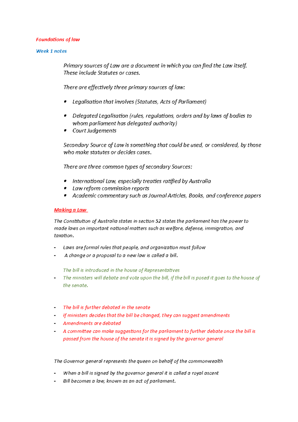Notes for foundations of law - Foundations of law Week 1 notes Primary ...