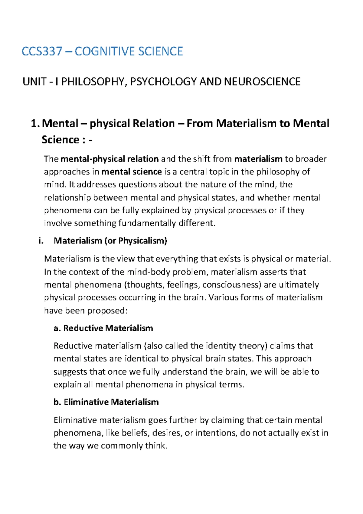 CCS337 Cognitive Science Unit II: Machines and Cognition Overview - Studocu