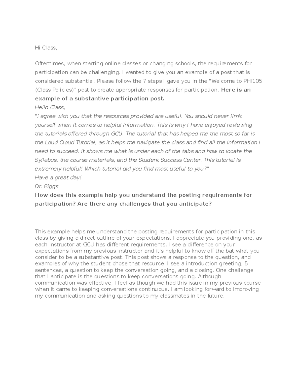 PHI Class Policies: Example of a Substantive Participation Post - Studocu