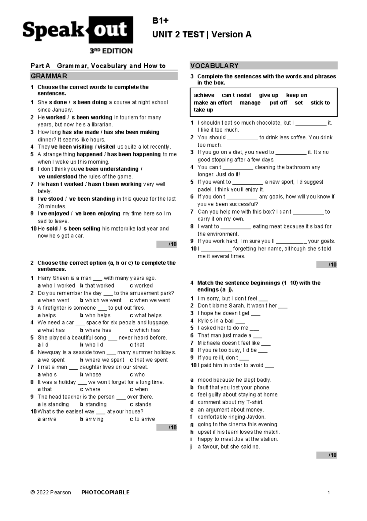 SO3 B1+ Unit Test U2 Version A: Grammar and Vocabulary Assessment - Studocu