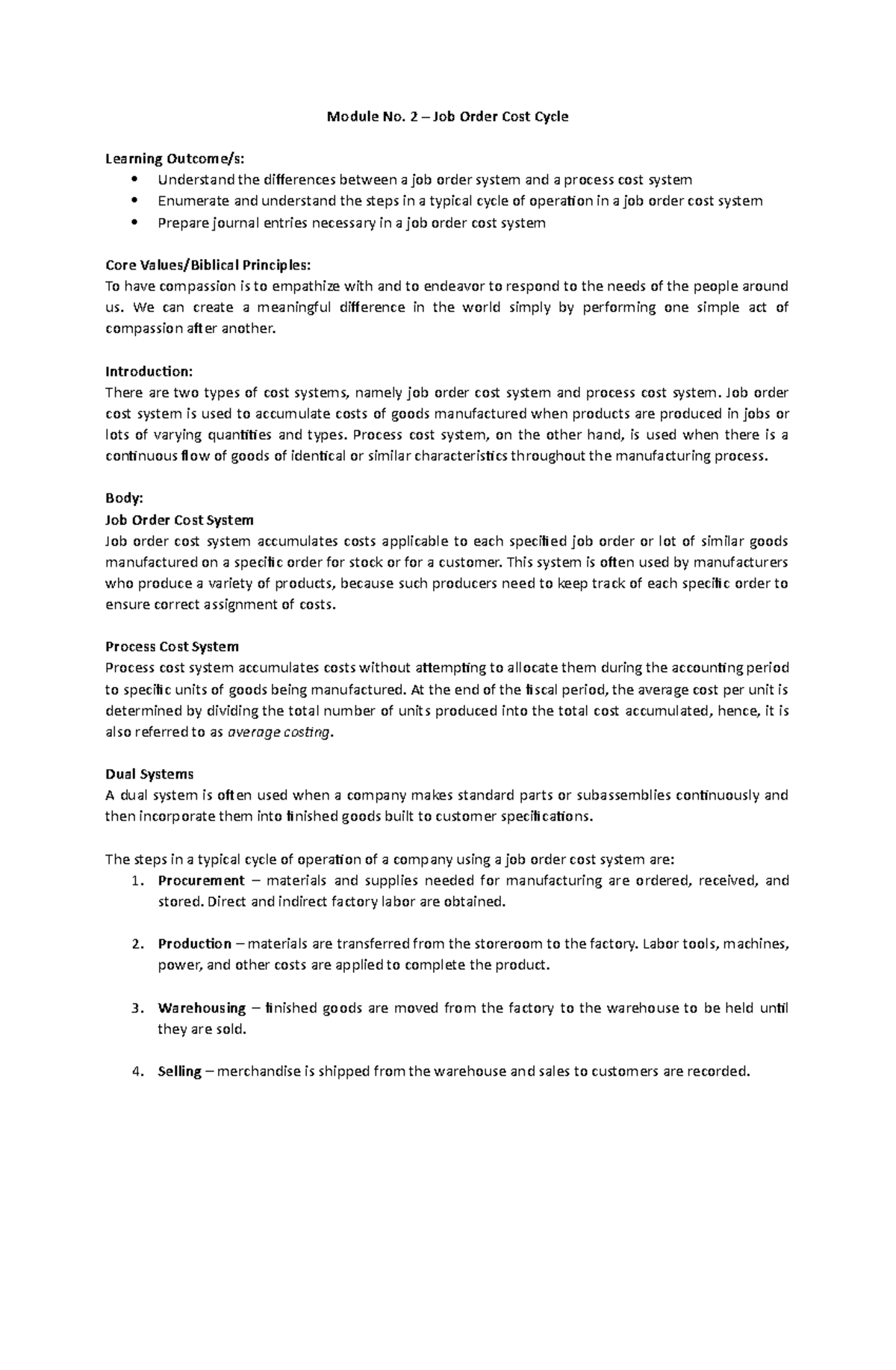 Module No 2 - Job Order Cost Cycle - Module No. 2 – Job Order Cost ...