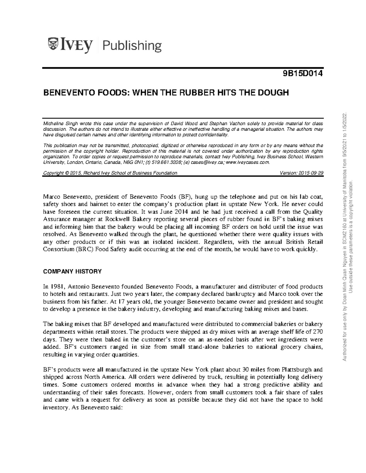 Benevento Food Case Study - SCM 2160 - U of M - Studocu