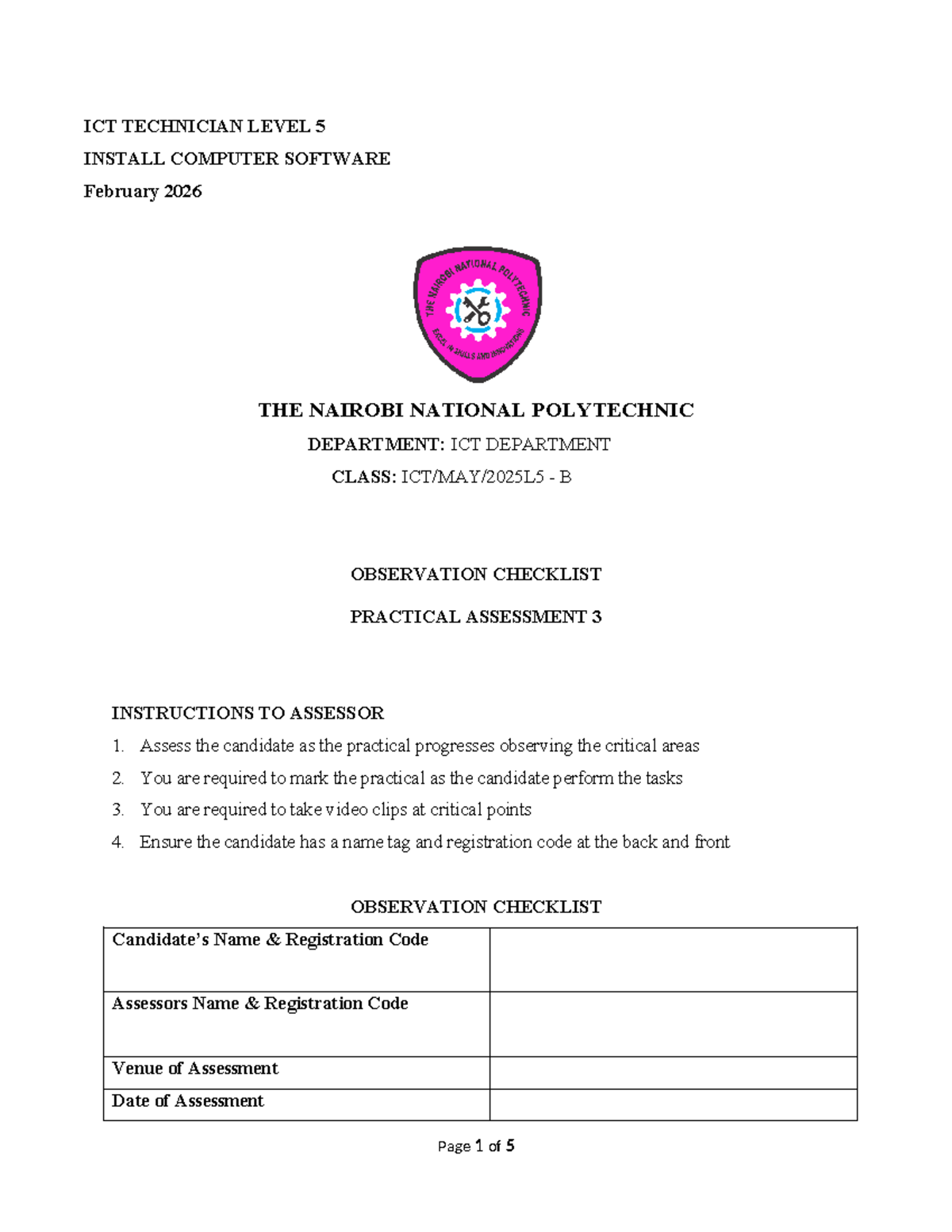 ICT TECHNICIAN LEVEL 5: Install Computer Software Practical Assessment ...