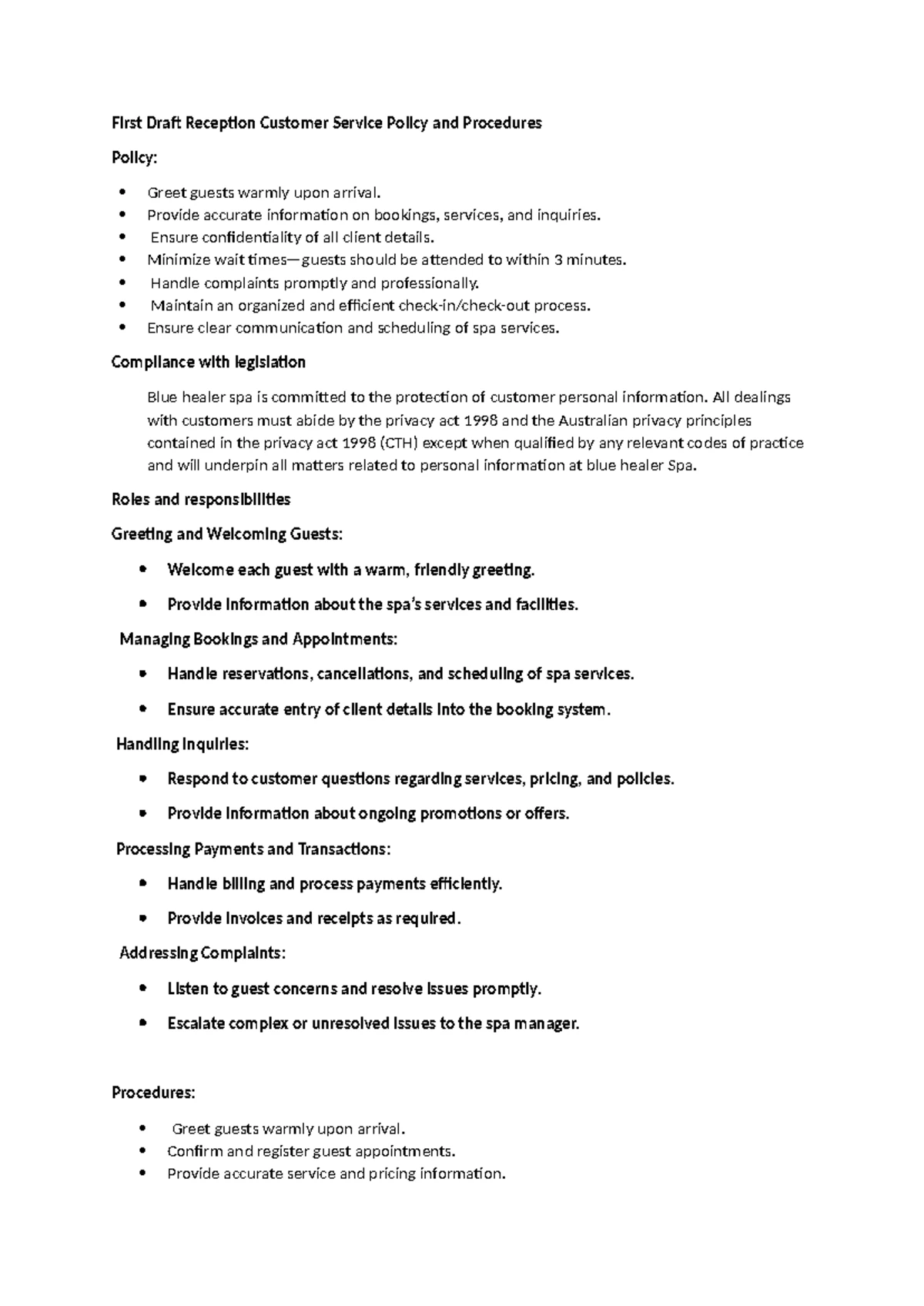 First Draft Wellness Customer Service Policy & Procedures Guide - Studocu