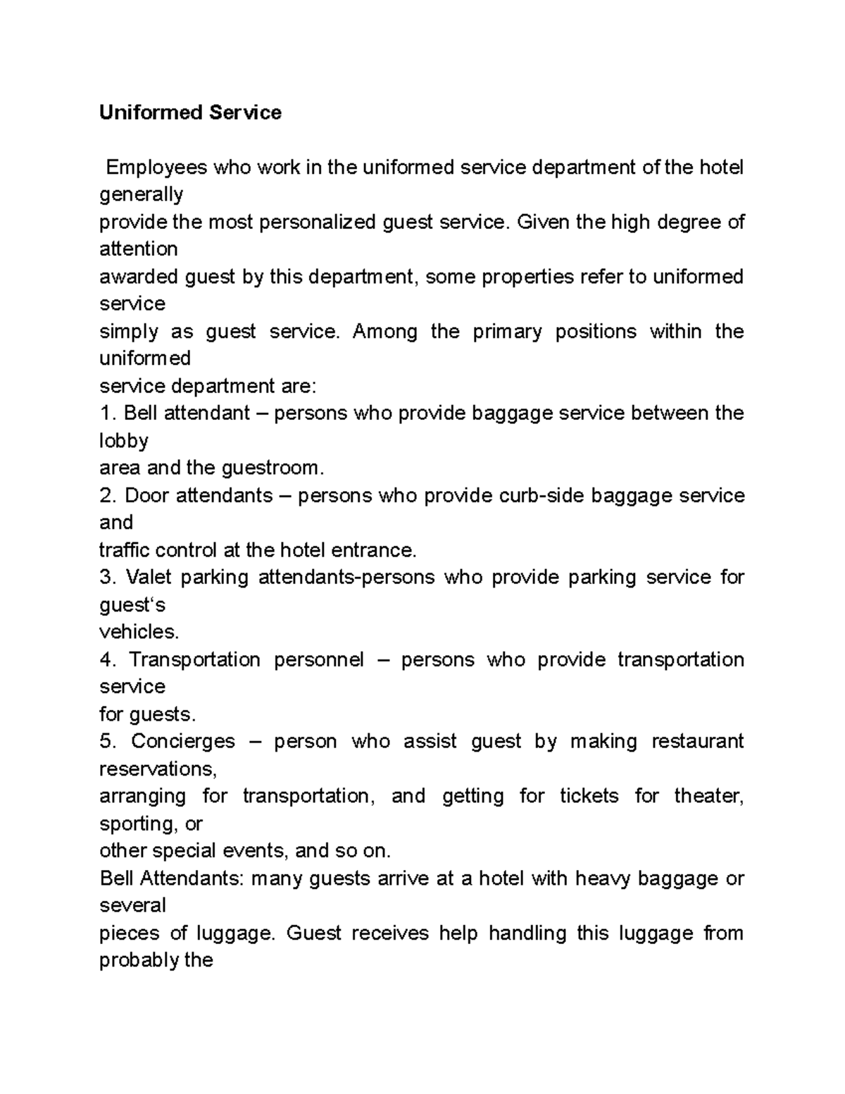 Uniformed Service Roles in Hospitality: Bell Attendants & Valets - Studocu