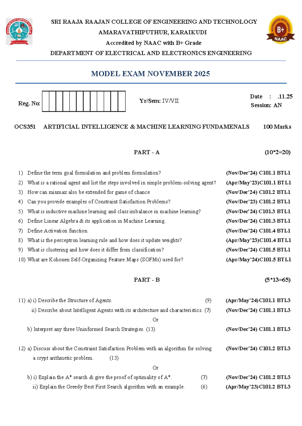 Model Exam Questions for AI & ML (EEE) - Nov 2025 - Studocu
