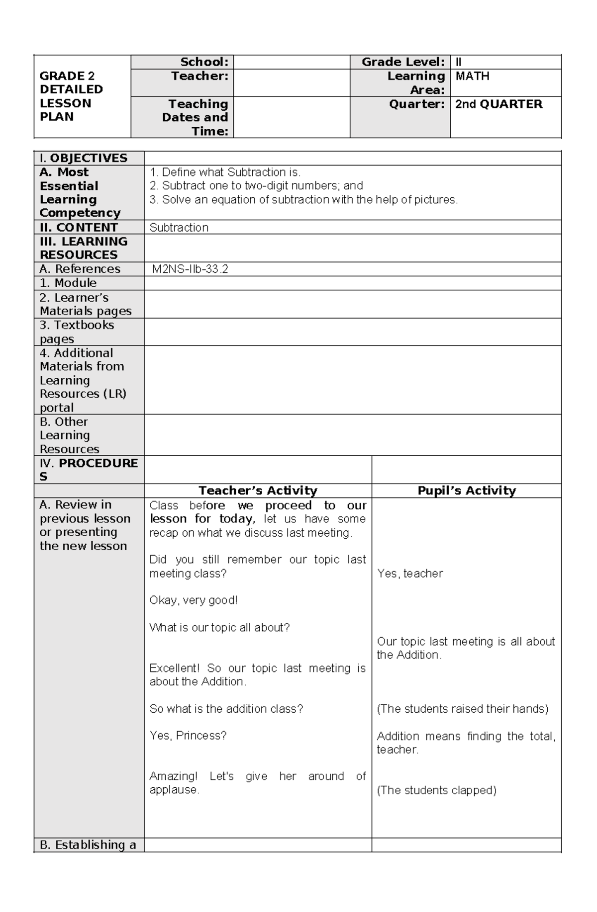 GRADE 2 MATH DETAILED LESSON PLAN ON SUBTRACTION - Studocu