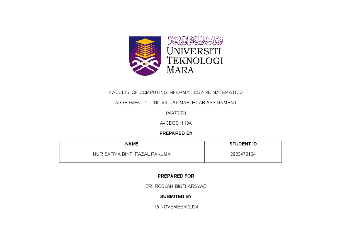 Maple Lab Assesment 20244 - FACULTY OF COMPUTING,INFORMATICS AND ...