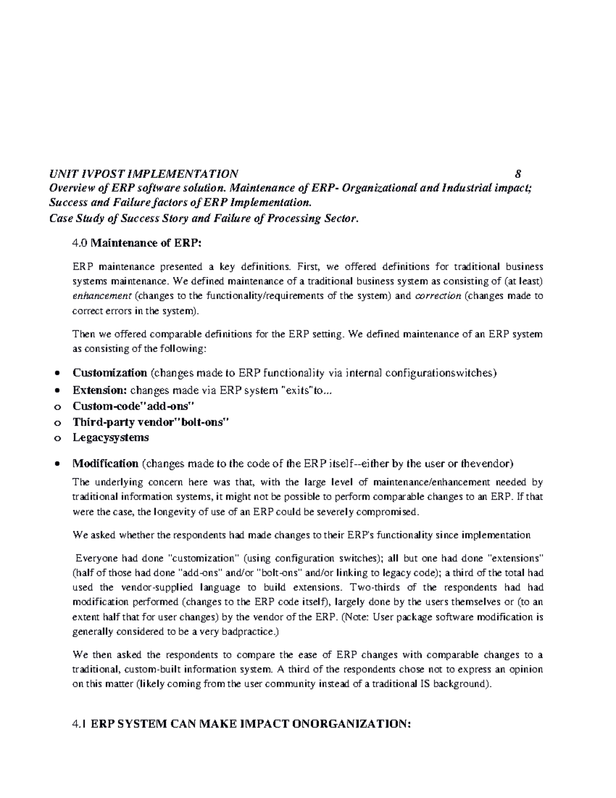 ERP Notes: Unit 4 - Post Implementation Analysis and Insights - Studocu