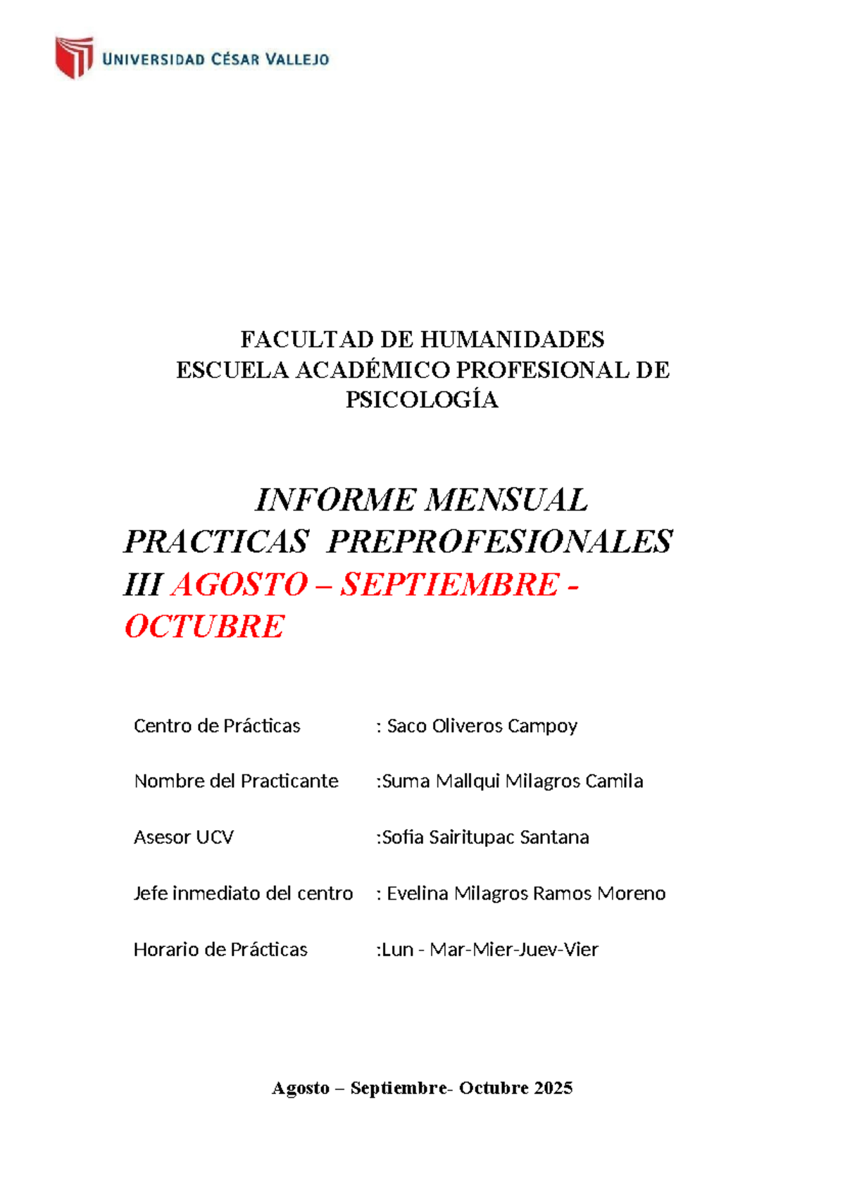 Informe Mensual de Prácticas Preprofesionales - Psicología 2025 - Document Preview