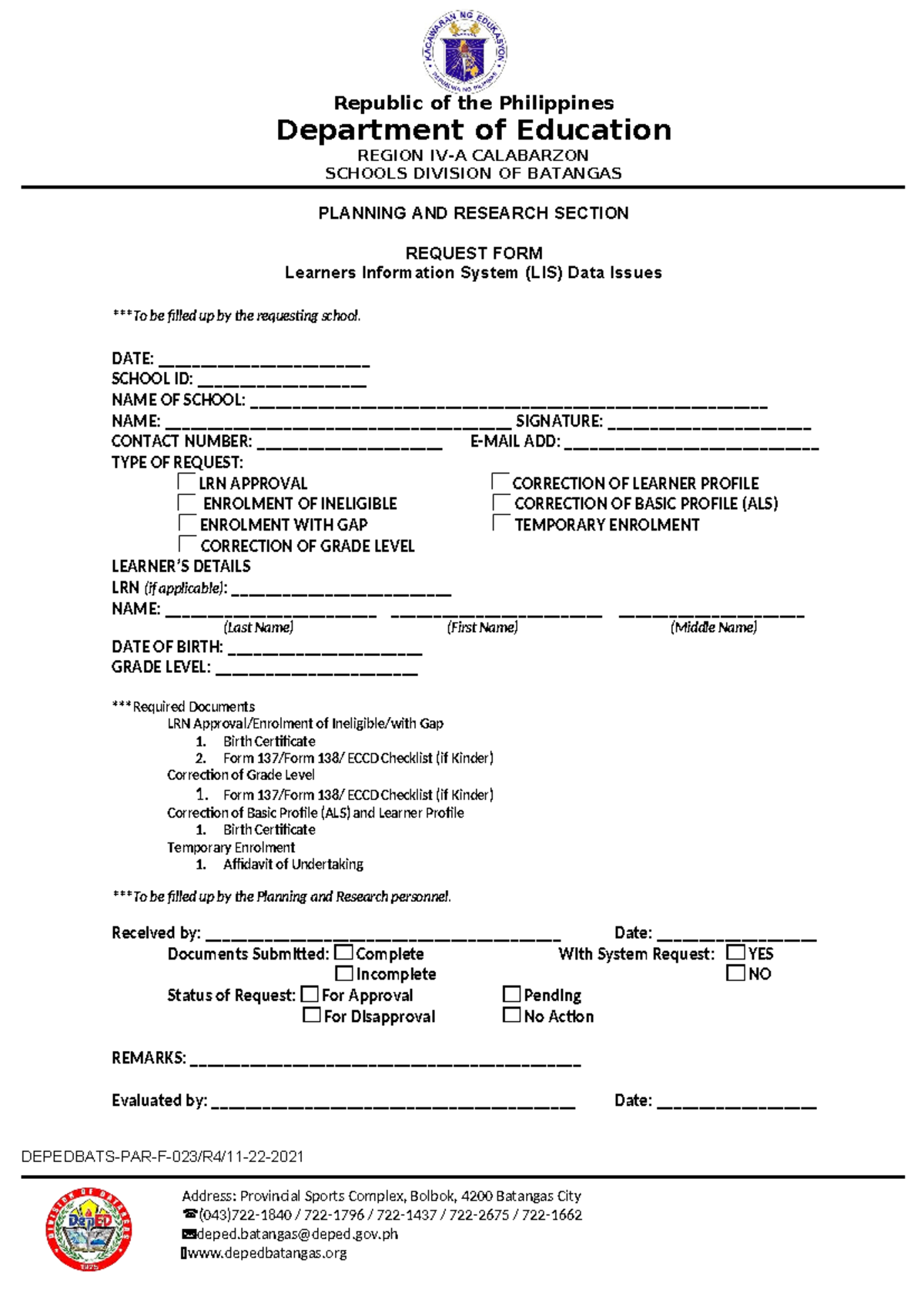 F-023 LIS Data Issues Request Form for Learners in Batangas - Studocu