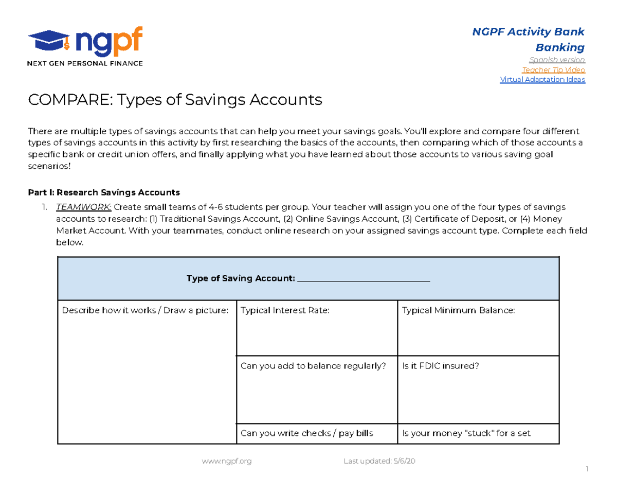 NGPF Activity: Comparing Different Types of Savings Accounts - Studocu