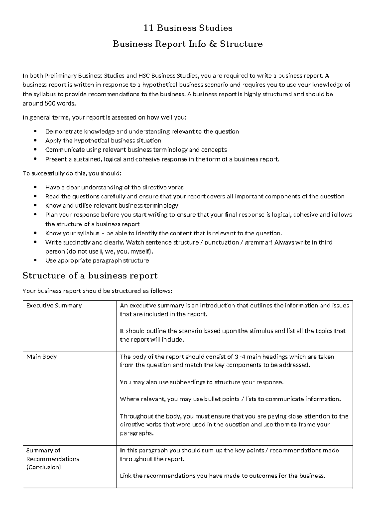 11 Business Studies HSC Business Report Structure Guide - Studocu