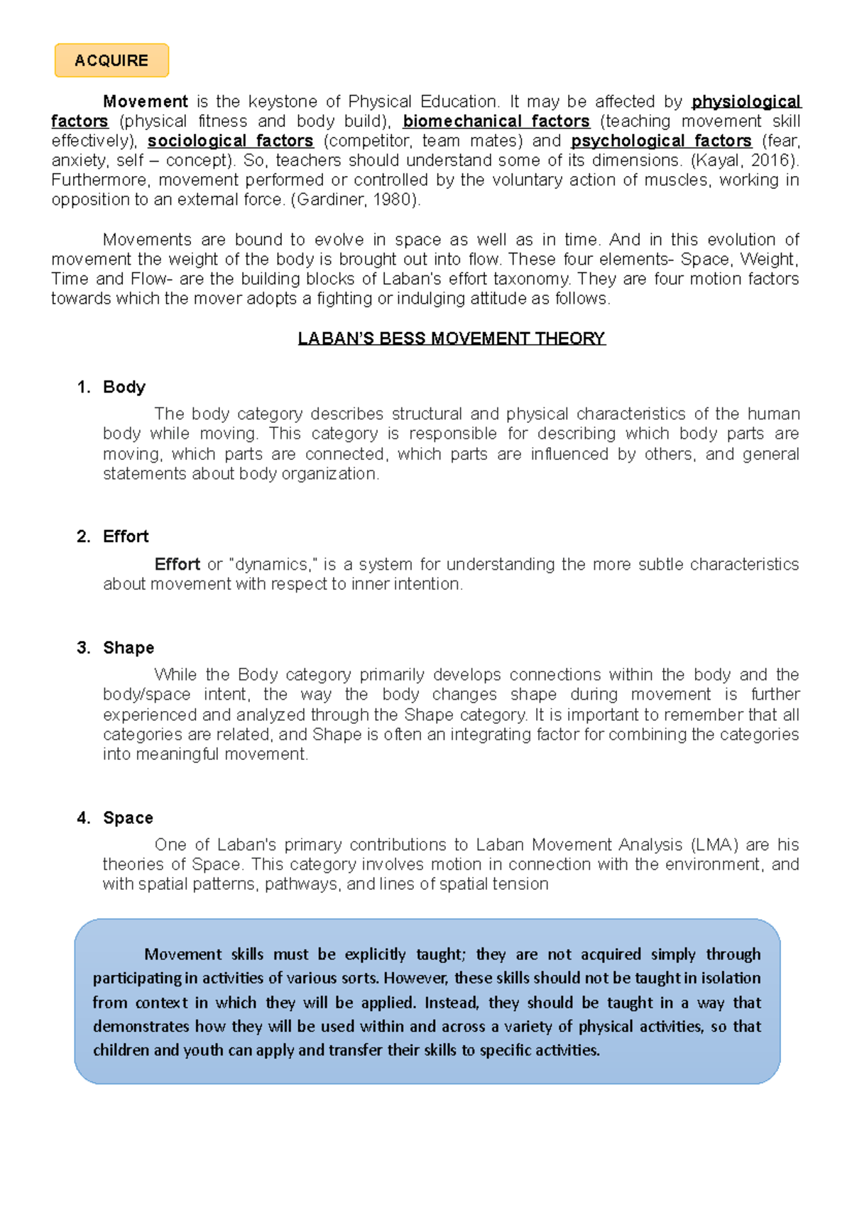 Lesson 1: LABAN'S BESS Movement Theory in Physical Education - Studocu
