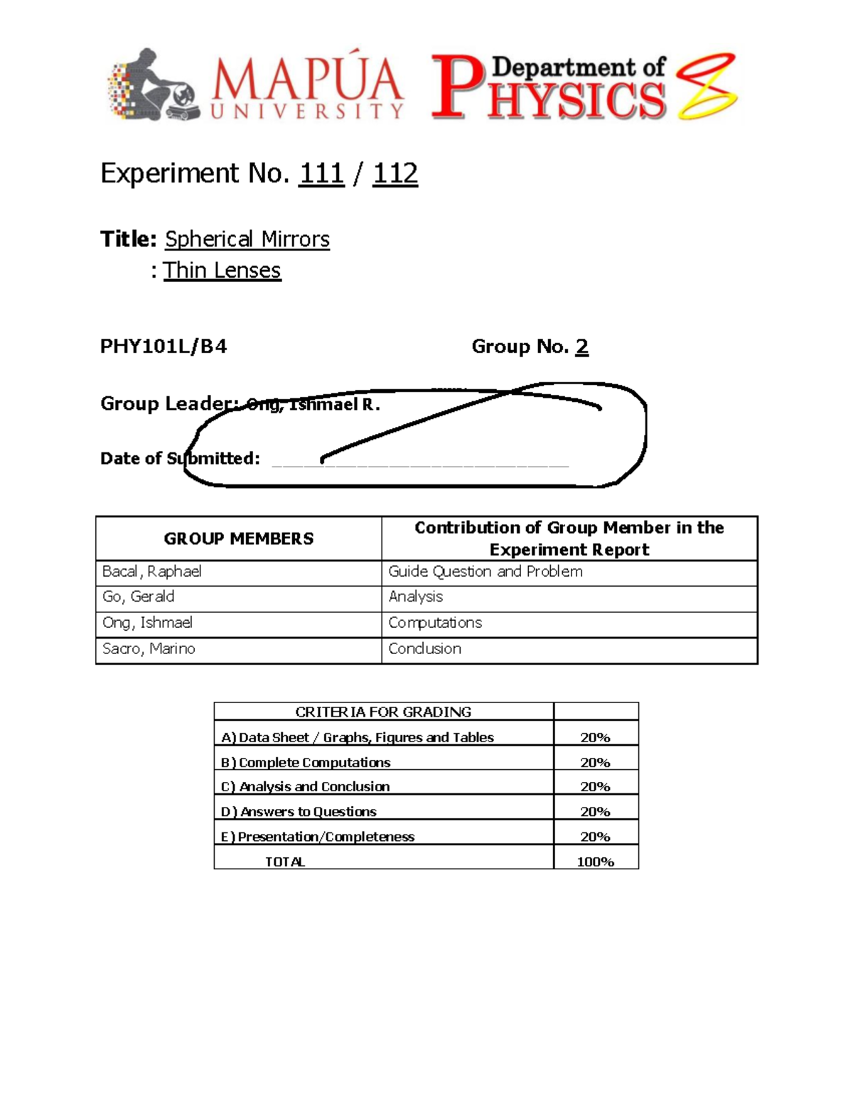 Lab Report PHY101L/B4: Spherical Mirrors & Thin Lenses Notes - Studocu
