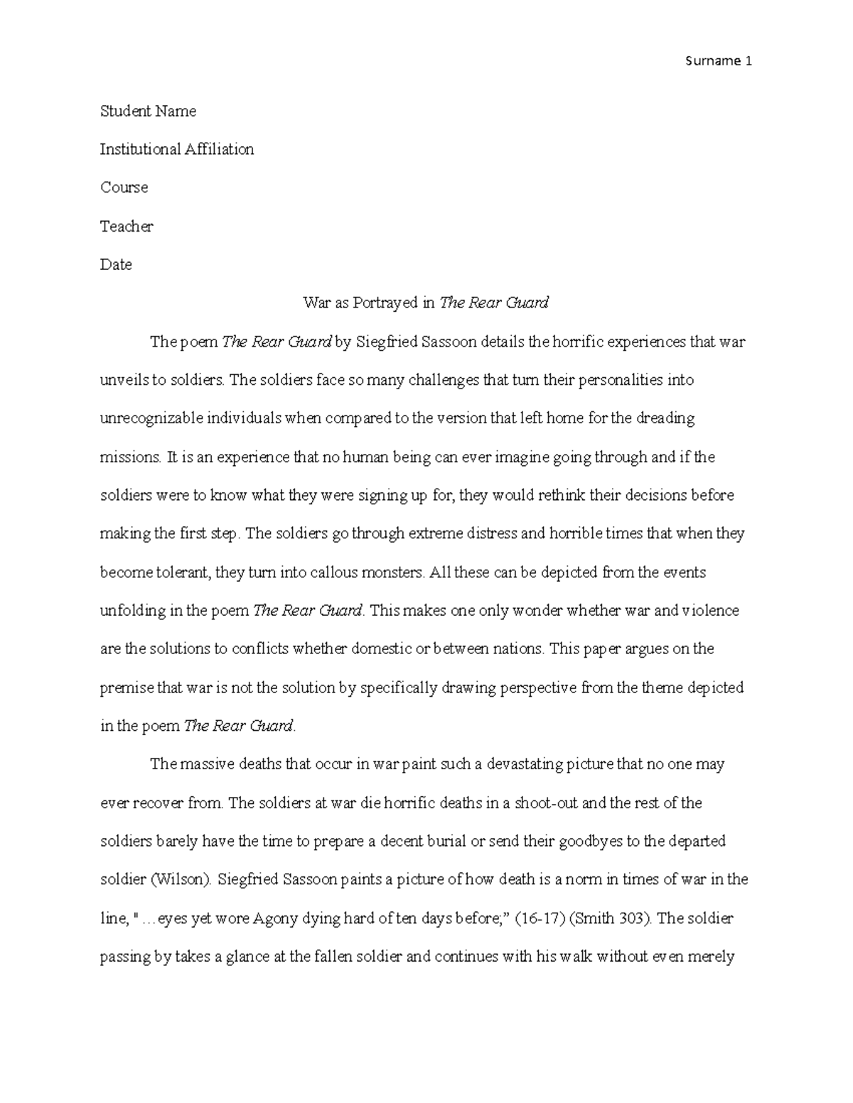 Literary Analysis of War Themes in _The Rear Guard_ (Course Code) - Studocu